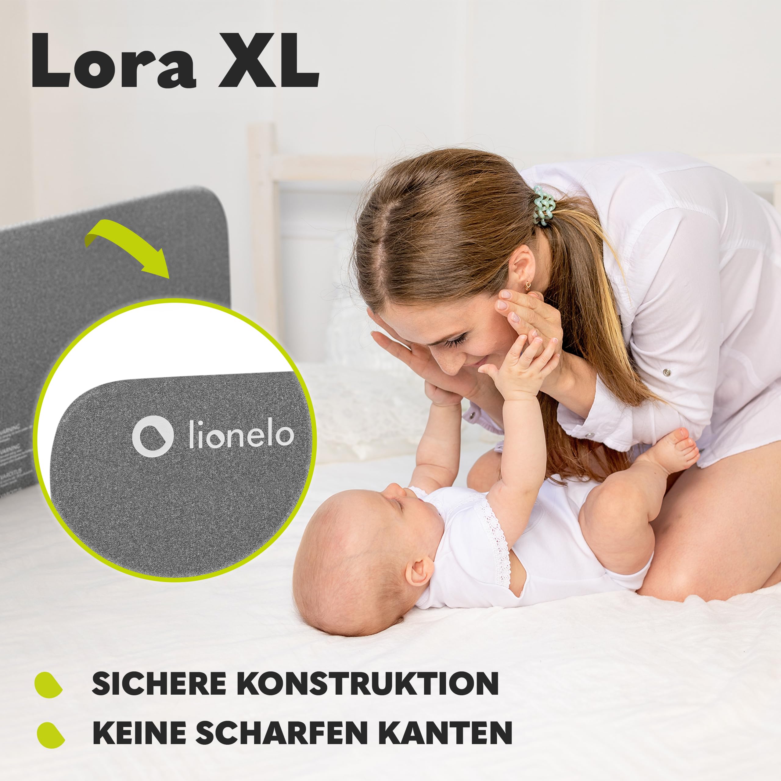 Lionelo Lora XL Tragbares Bettschutzgitter für Kinder, Neigungsverstellung bis 180°, klappbares Schutzgitter für Bett, 45 cm – 150 cm, StandSafe-Sicherung, Schutz gegen Herausfallen