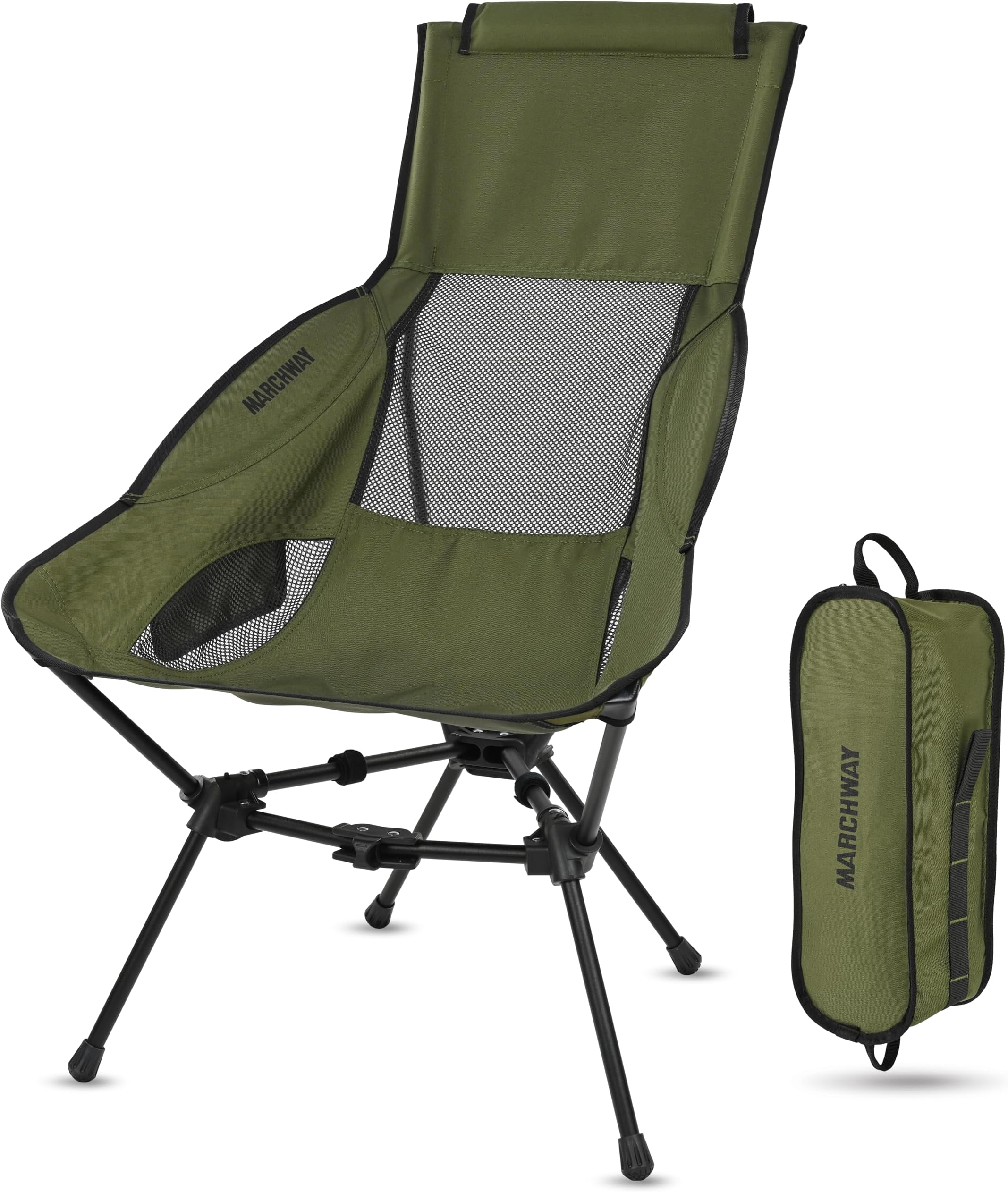 MARCHWAY Lightweight Folding High Back Camping Chair with Head Support, Stable Portable Compact for Outdoor Camp, Travel, Beach, Picnic, Festival, Hiking, Backpacking (Highback Green)