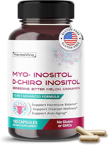 Myo-inositol + D-Chiro Inositol Suplemento – Fórmula 12 en 1 con berberina, canela, melón amargo – 180 cápsulas – Sin OMG, sin gluten