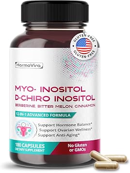 Myo-Inositol + D-Chiro Inositol Supplement 12-in-1 Formula with Berberine, Cinnamon, Bitter Melon 180 Capsules Non-GMO, Gluten-Free