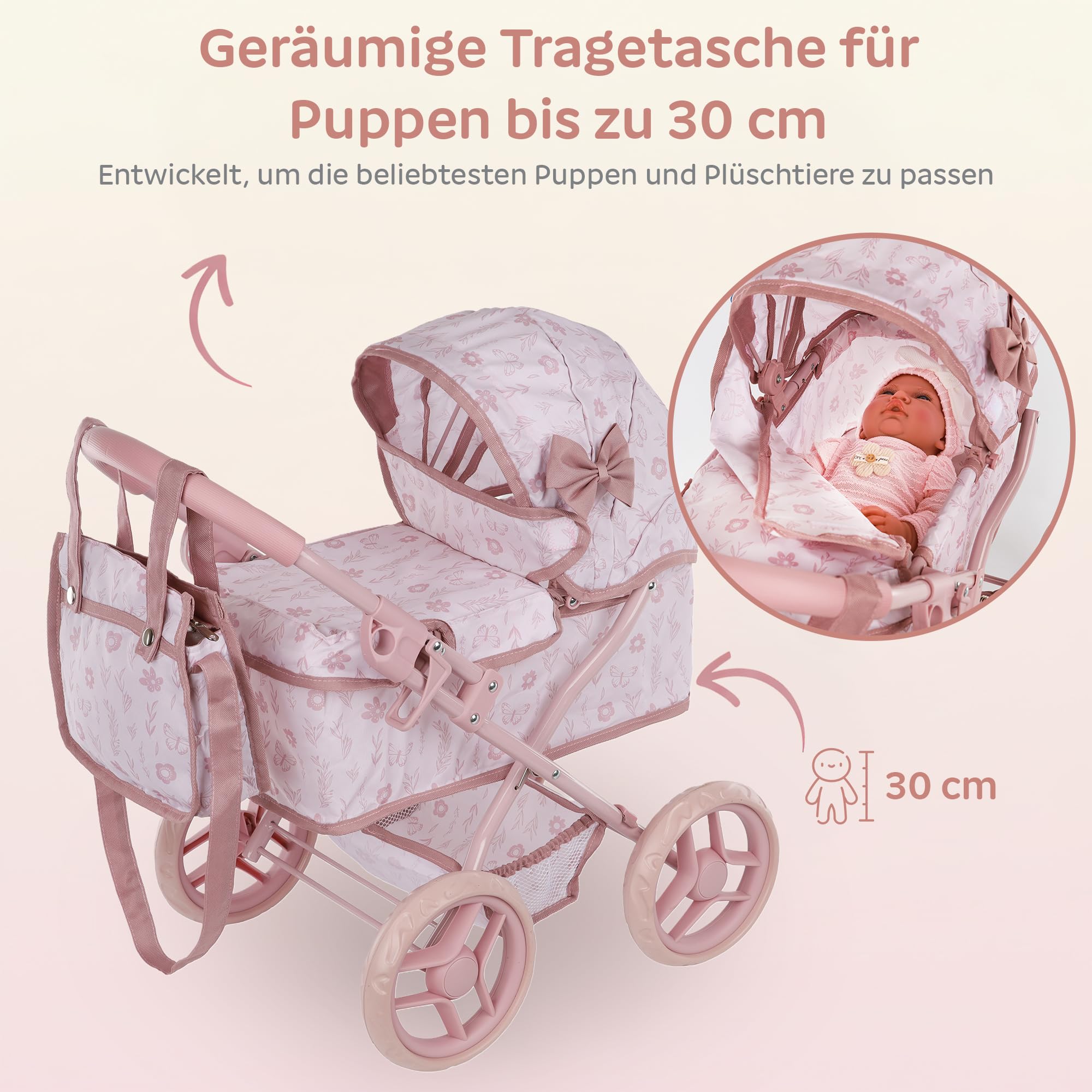 Kinderplay wózek dla lalek od 3 lat – Głęboka gondola z torbą i koszem – Lekka konstrukcja z cichymi piankowymi kołami – Wózek-zabawka dla lalek do 30 cm