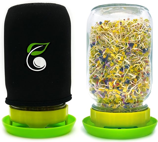 Sprouting Jar Kit Seed Sprouter Set Includes Wide Mouth Mason Jar, Stainless Steel Mesh Lid, Blackout Sleeve and Plastic Drip Tray for Making Seeds Sprouts