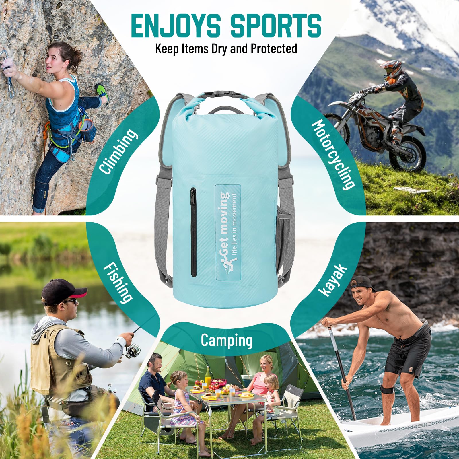 Dry Bag wasserdichte Tasche 20L Leicht RollTop Wasserdichter Rucksack Outdoor Groß Wasserfester Packsack Seesack mit Schultergurt für Kajak Rafting Schwimmen Baden Angeln