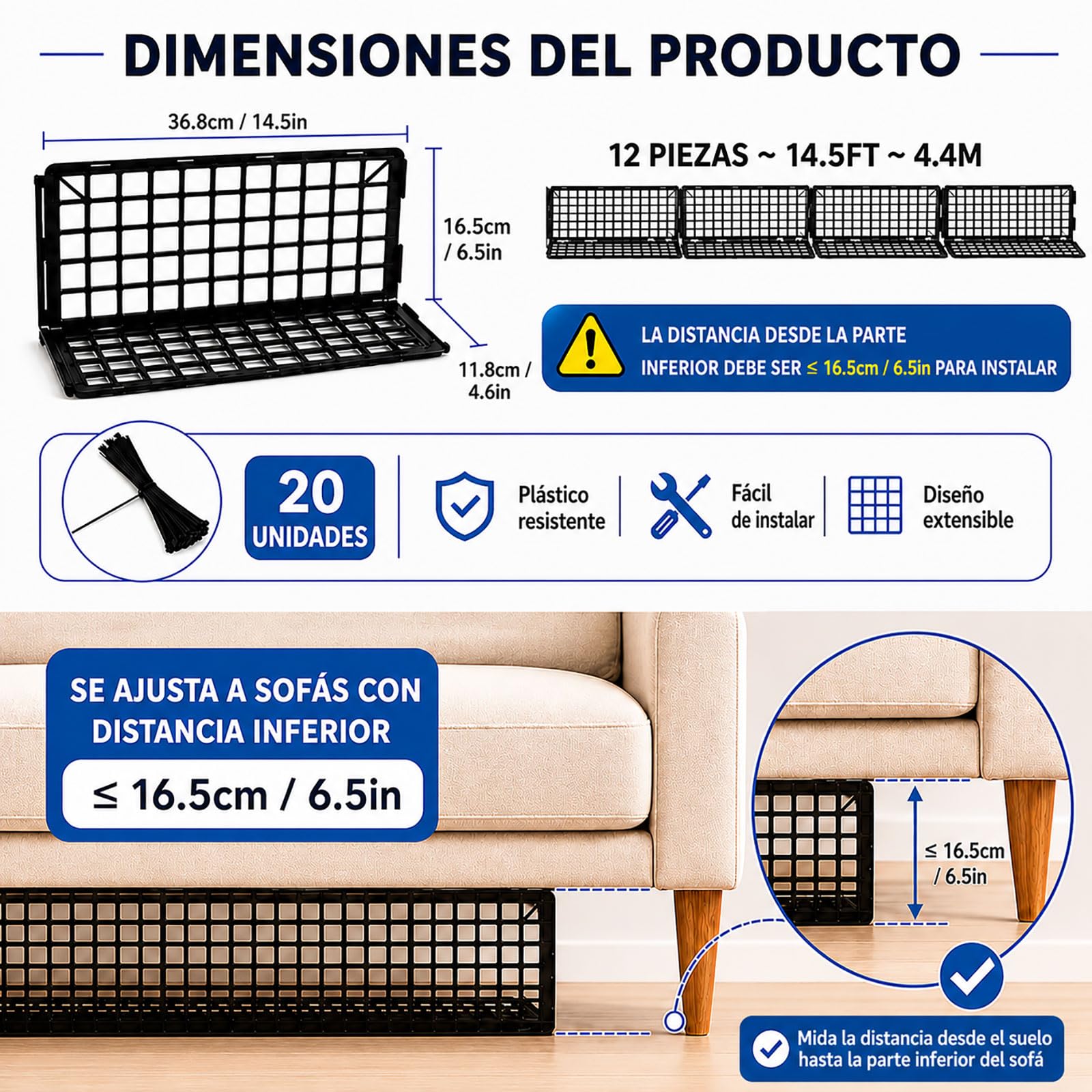 12 Piezas Bloqueador de Juguetes Debajo Sofa para Mascotas, Ajustable Bloqueador Bajo Cama & Sillón, Barrera Plástica Huecos, Protector Muebles con 20 Bridas