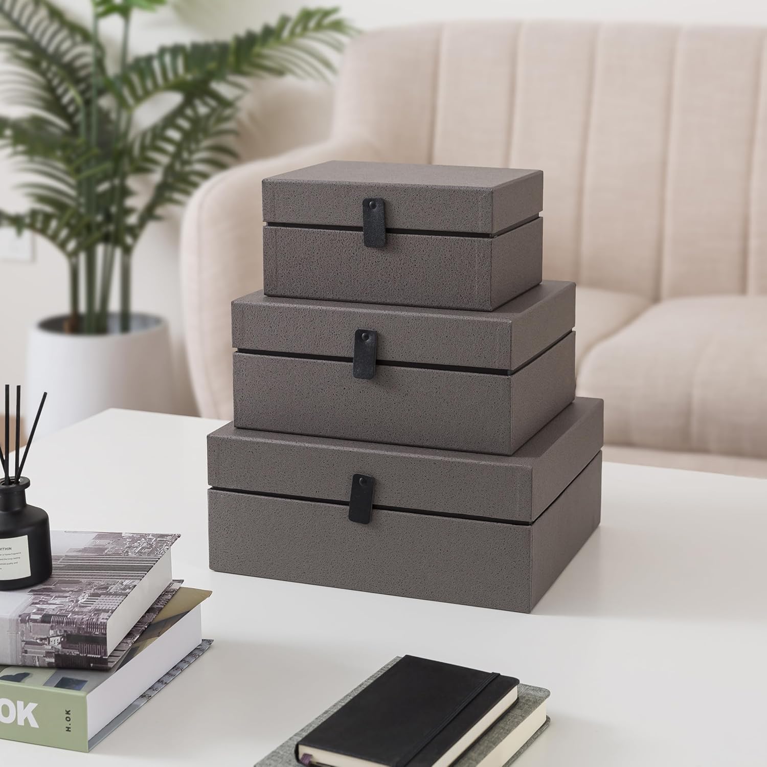 Soul & Lane Decorative Cardboard Boxes with Lids - Set of 3, Keepsake Boxes for Memories, Stackable Photo Storage Organizer, Decorative Storage for Home Decor and Shelves, Graphite Grey