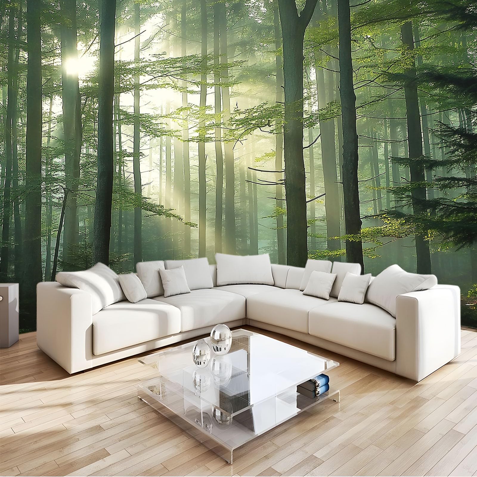 Tapisserie Intissée Forêt Brumeuse Vert pour Décoration Murale Chambre