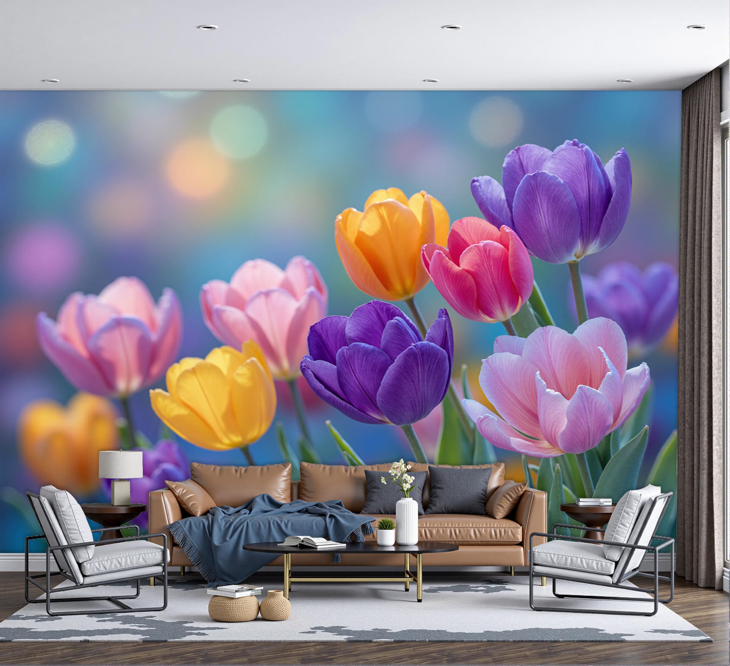 Papier peint 3D panoramique tulipe ensoleillée avec photographie de nature murale éclatante 200x140