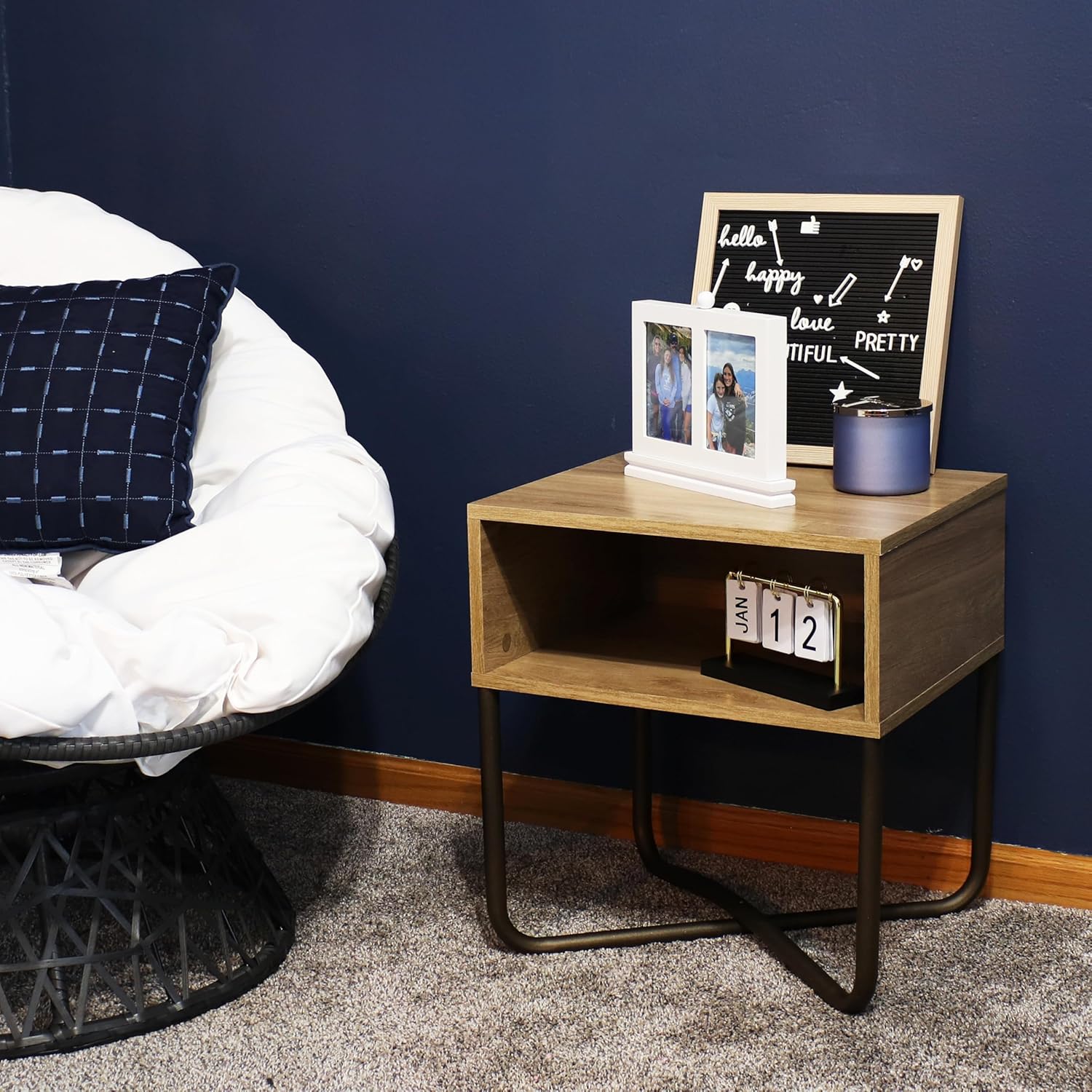 Sunnydaze 19.75-Inch H Open Shelf MDP Industrial-Style Nightstand with Powder-Coated Steel Cross Base - Brown