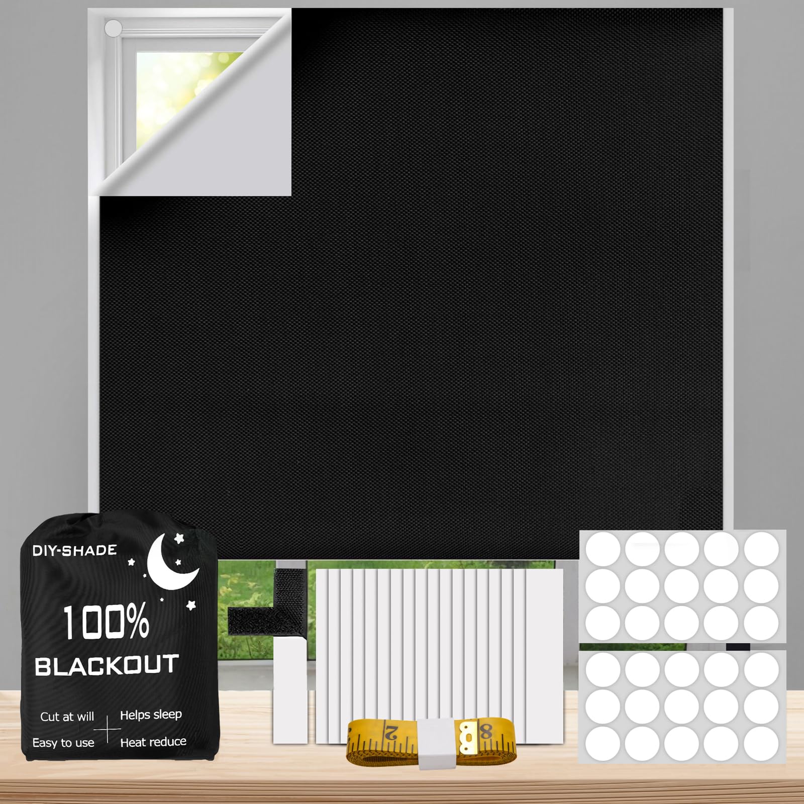 LeerweiiBlackout Roller Blind, No Drilling, 300 x 145 cm, Portable Window Blackout Sun Protection, 100% Roof Window Blackout Cut to Size, Blackout Fabric Including 30 Nano Adhesive and 18 Velcro