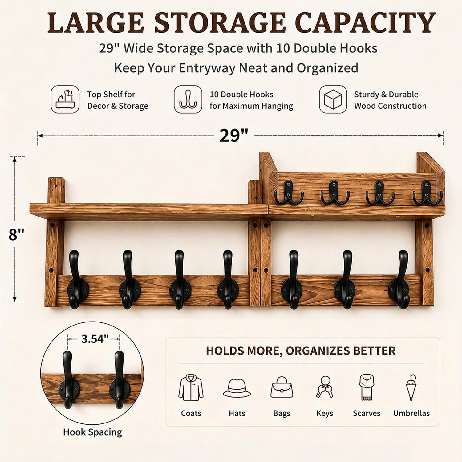 29" Coat Rack Wall Mount with Shelf 4 in 1 Wood Key Mail Holder Brown