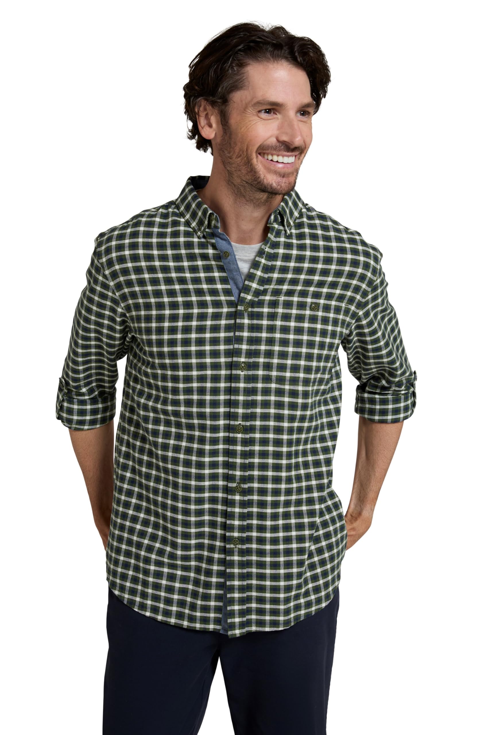Mountain Warehouse Men's Khaki Driftwood Check Long-Sleeved Shirt - 100% Cotton Casual Top, Lightweight, Front Pocket - Best For Daily Use, Walking & Outdoors Xs
