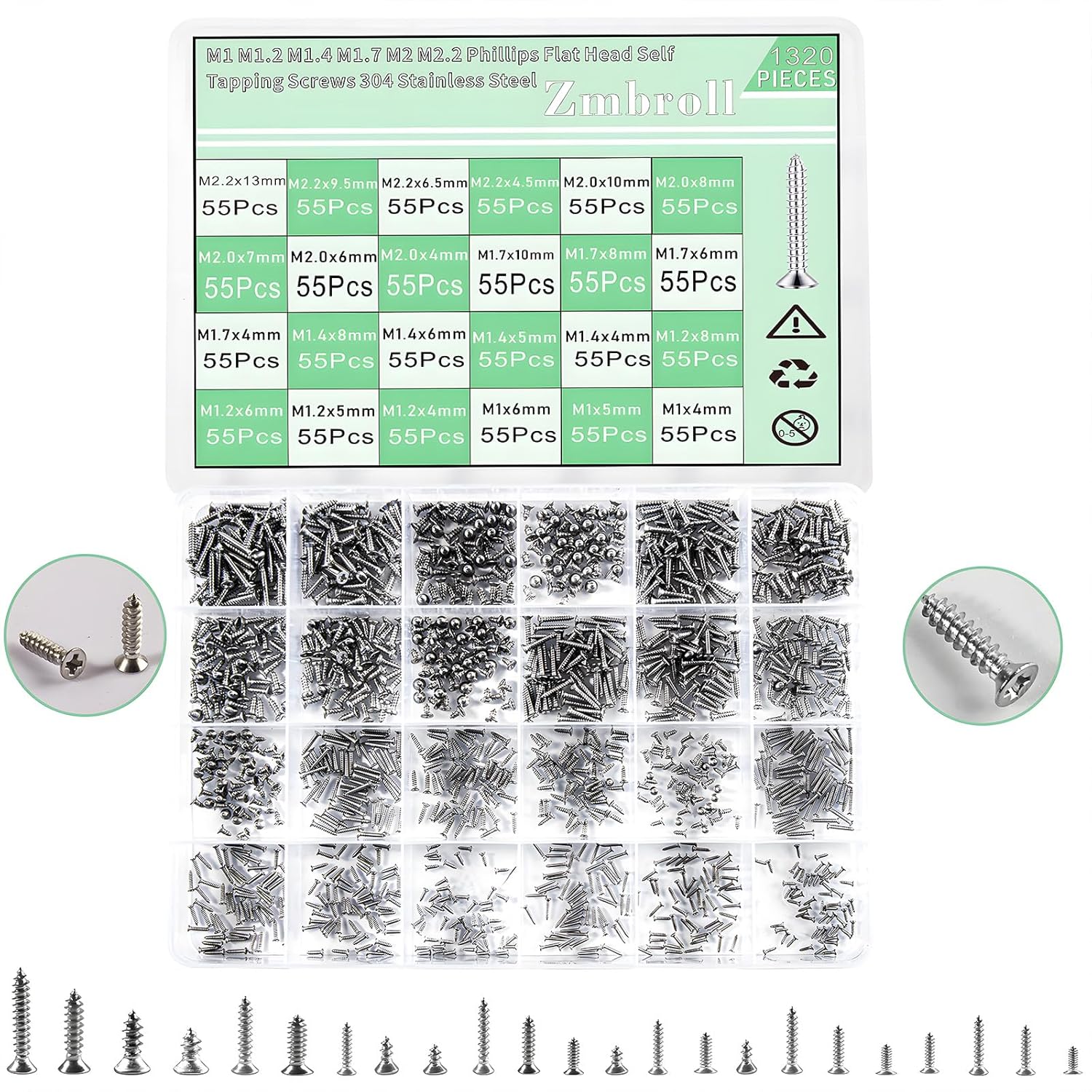 Zmbroll Flat Head Self Tapping Screws 1320Pcs Small Screws 304 ...