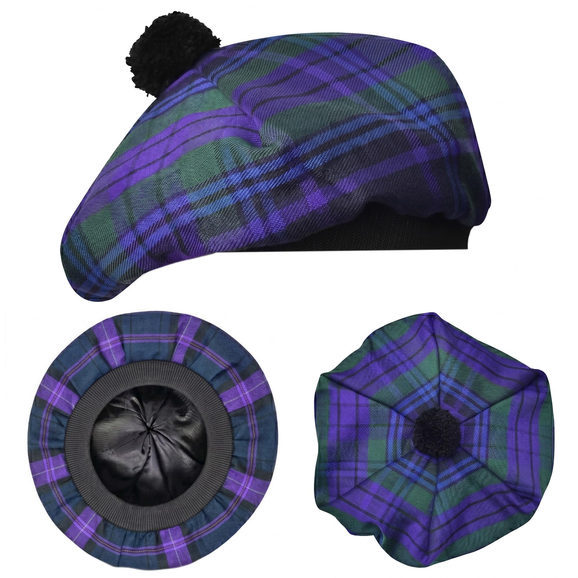 Scottish Hat Tam o Shanter Scottish Bonnet Tartan Hat P.V Tartan (Polyviscose) Wool Blend with Pompom | One Size fits All.