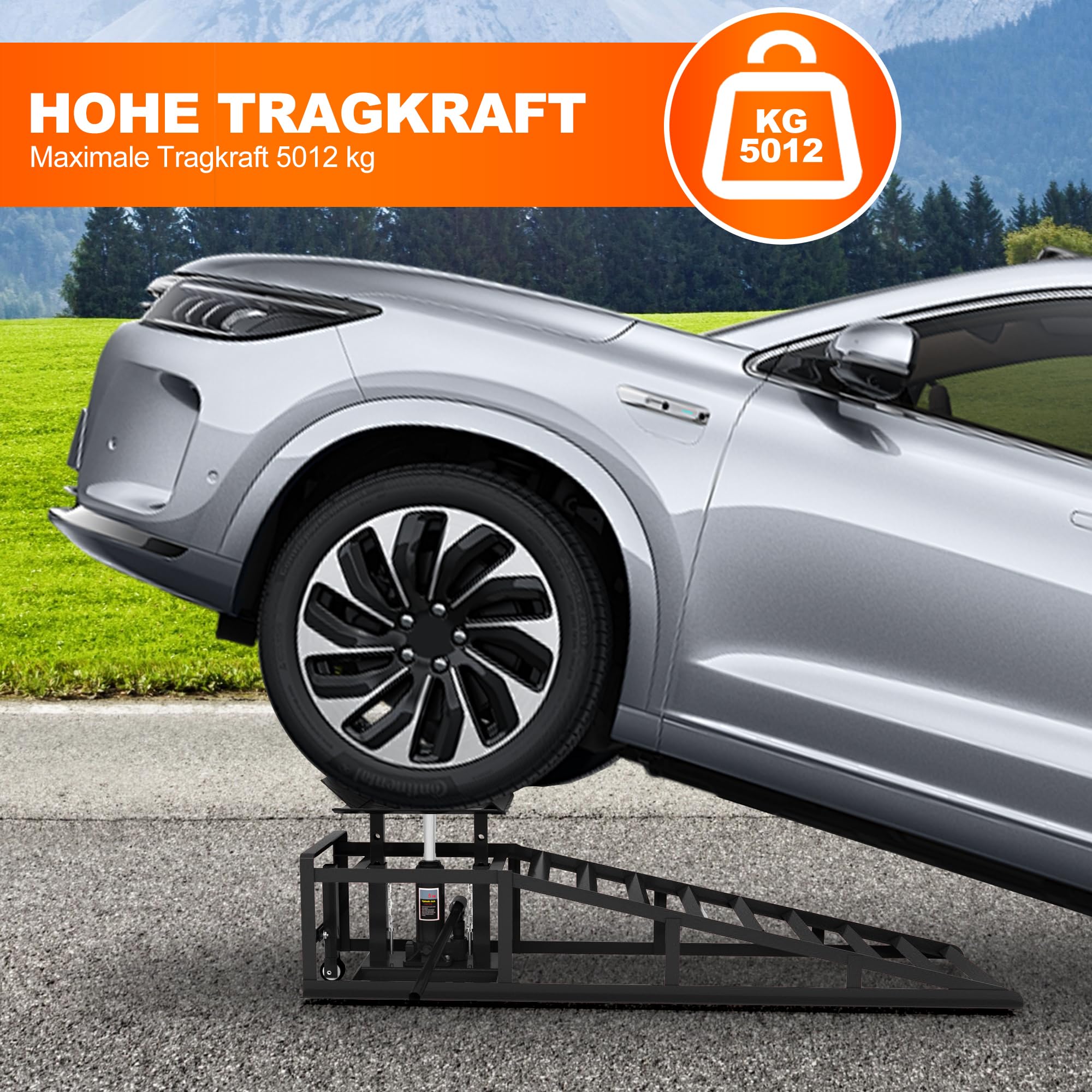 2er-Set Hydraulische Auffahrrampen mit Rollen, 5T Schwerlast-Rampen (11065 lbs) inkl. Hydraulikheber, Tragbare Autohebebühne für Ölwechsel & Heimwerker-Garage, Hubhöhe 23–36 cm (9"–14,2") (Schwarz)