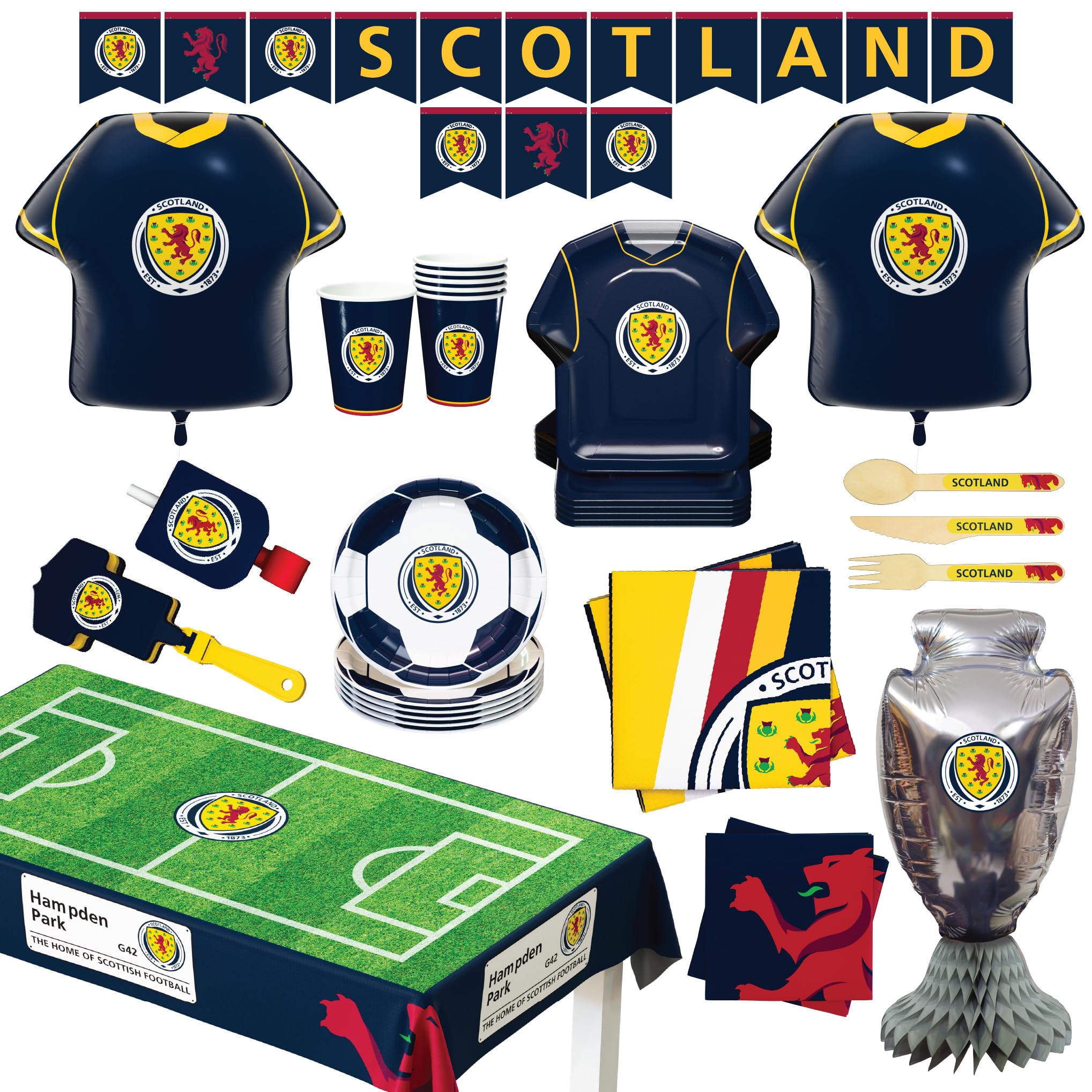 Scotland National Football Team Official 77-Piece Party Supplies Set for 6 Guests, Plates, Cups, Napkins, Cutlery, Jersey Balloons, Decorations, Matchday Fan Celebration Kit โ image 1
