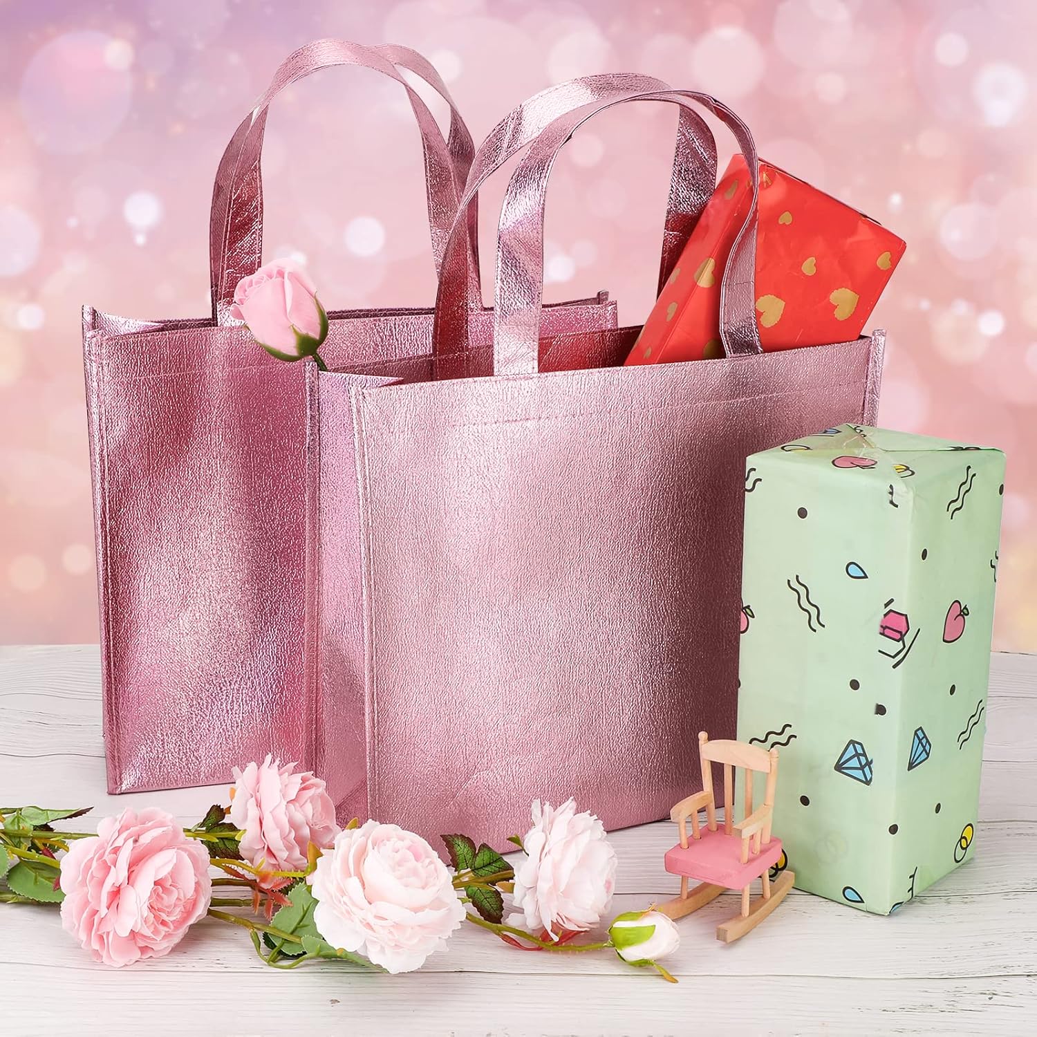 PHOGARY 12 Large Gift Bags with Handles 12.6x3.9x10.6inch(Pink) Stylish Party Bags for Birthday Bachelorette Wedding Party Favor Bridal Shower Wrap, Reusable Goodie Bags, non-woven fabric - Image 5