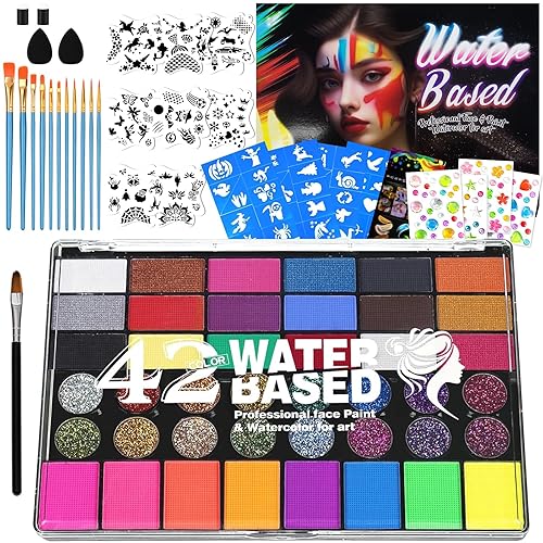 Vista 7 de Pintura facial, 20 colores, kit de pintura facial, kit de pintura facial a base de aceite para fiestas de niños con 10 pinceles, 5 plantillas 20