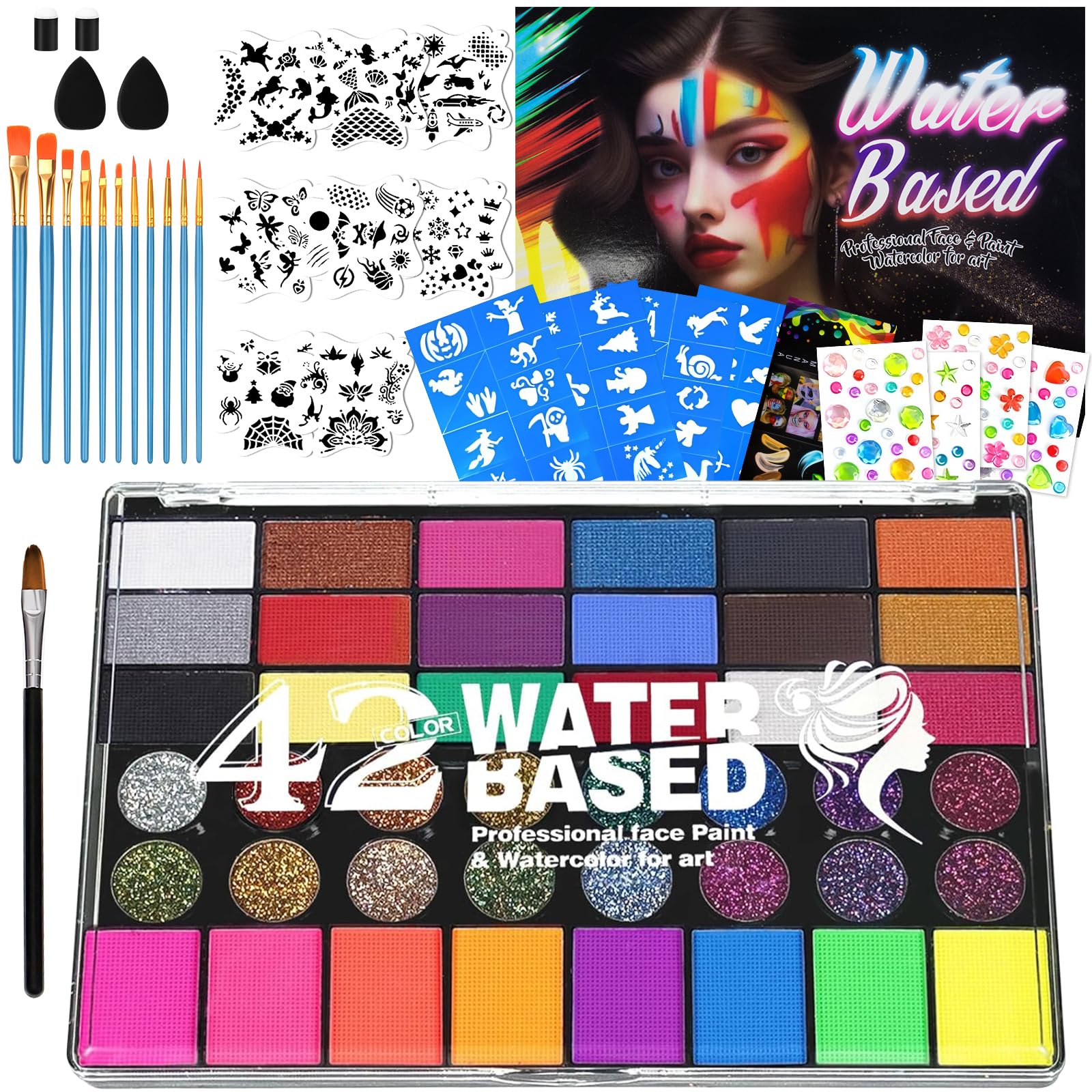TIZZYT Professional Face Painting Kit, 42 Colors Water-Activated Makeup Palette, Stencils, Gems, Brushes.