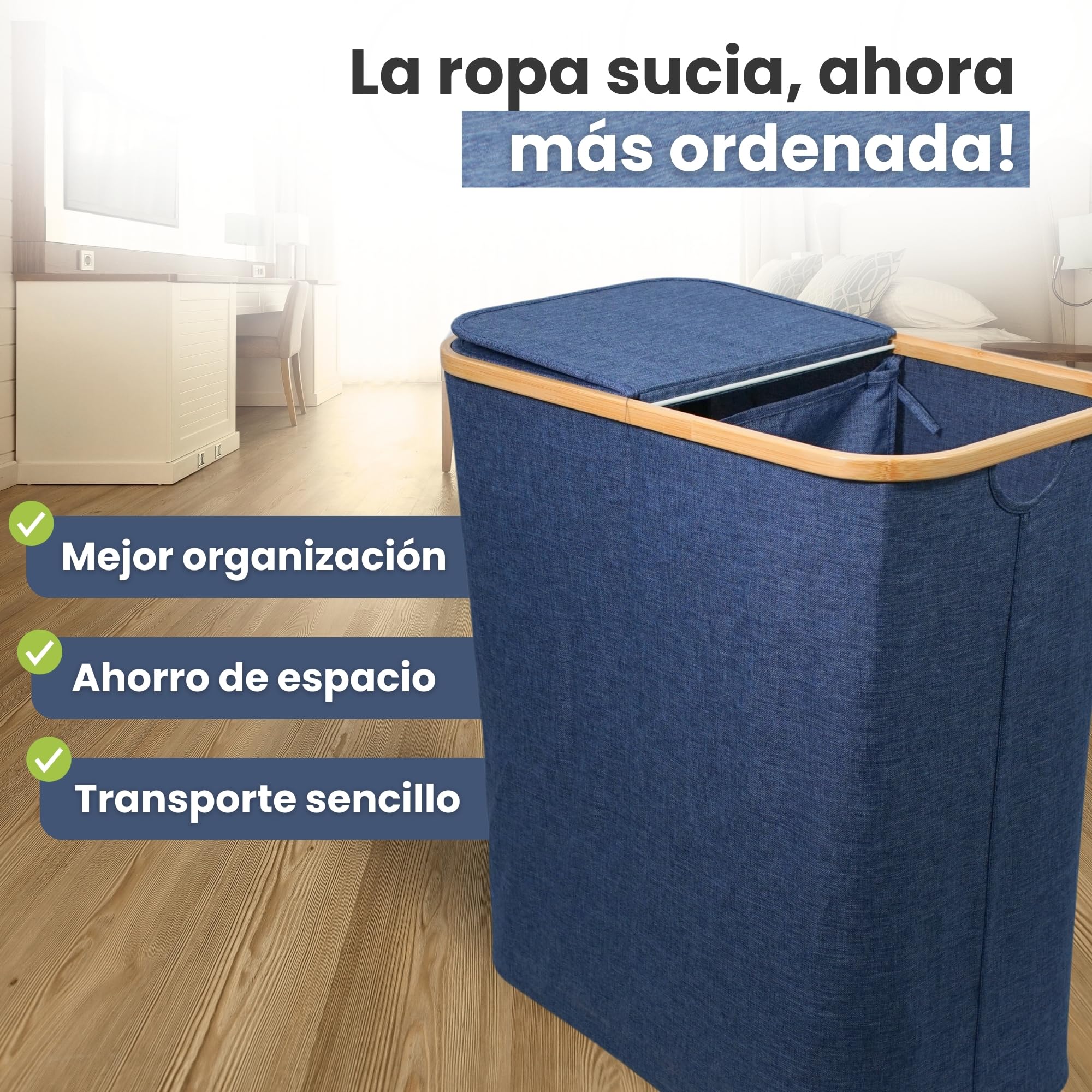 Cesto portabiancheria 100 L doppio in legno bambù naturale estraibile
