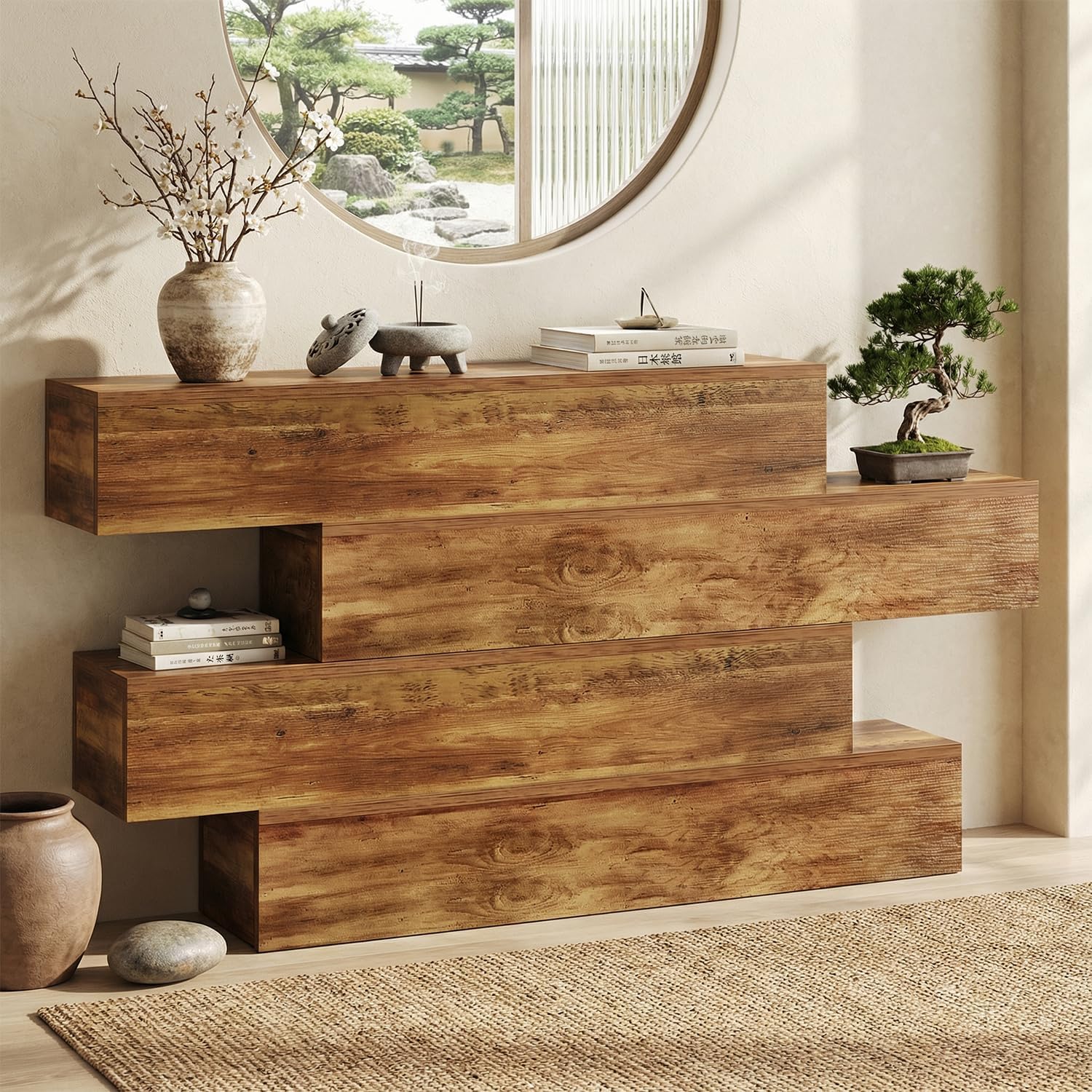 63 Inch Farmhouse Console Table with 4 Tier Storage, Rustic Wooden Sofa Table Behind Couch, Unique Staggered Entryway Table for Living Room, Long Hallway Foyer Table, Walnut