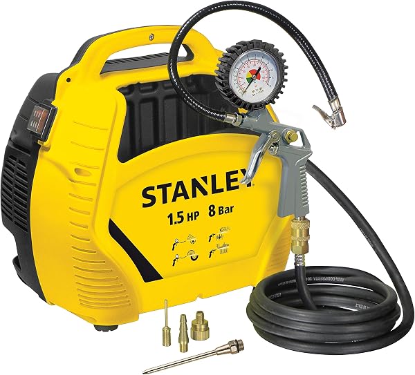 Stanley Compressore Aria Portatile 8 Bar - Compressore 8Bar Senza Olio con Attrezzi Pneumatici - Incl. Tubo dell'Aria da 3M, Pistola ad Aria con Manometro e 3 Ugelli - Giallo - 4