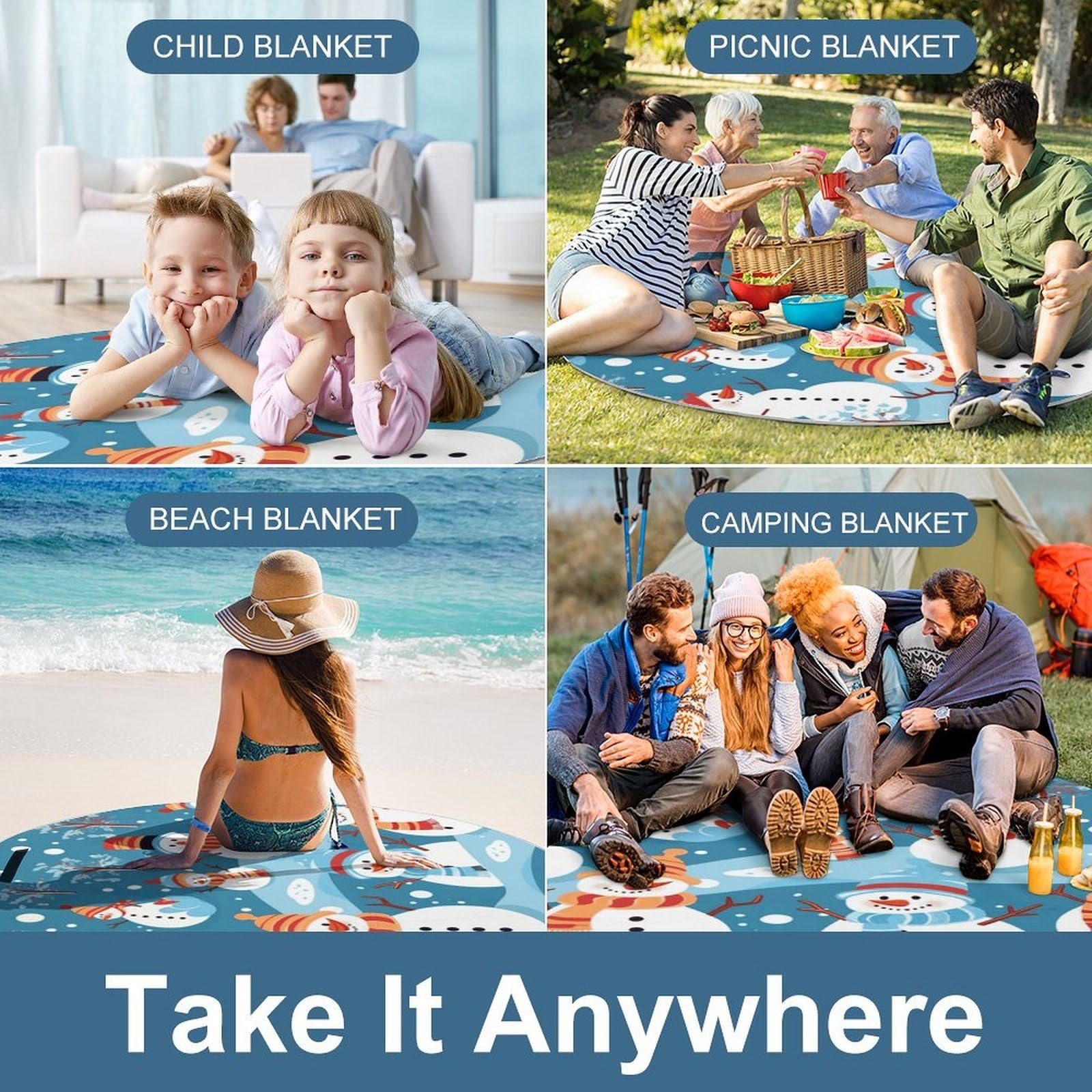 Mantas redondas plegables y ligeras para pícnic, diseño de muñeco de nieve, para playa, impermeables, para exteriores, para primavera, verano, camping, parque, viajes, hierba