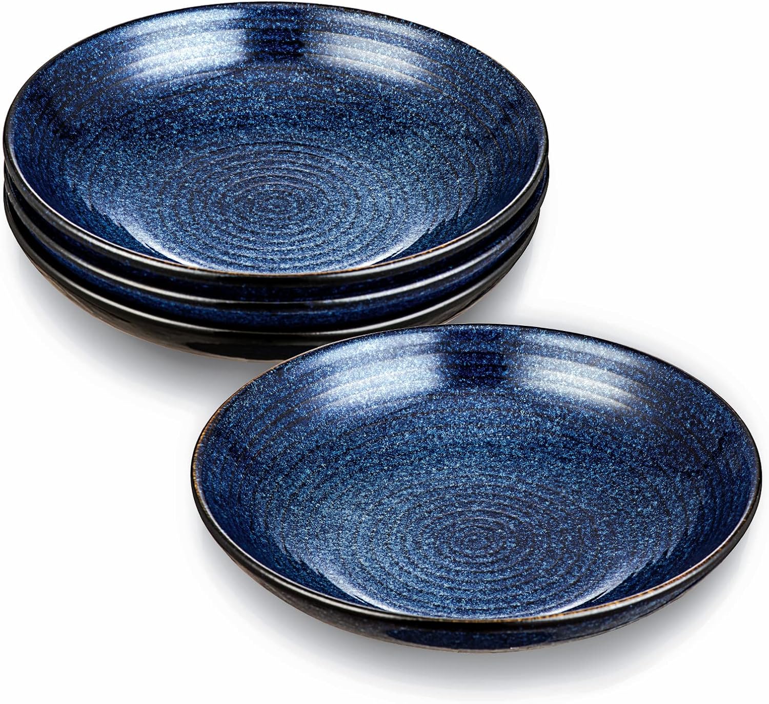 vicrays Ceramic Pasta Bowls Set, 34 Ounce Large Ripple Salad Bowls, Wide and Shallow, Chip Resistant, Dishwasher Microwave Safe, stoneware Bowls for Kitchen, Serving Bowls, Set of 4 (Blue)