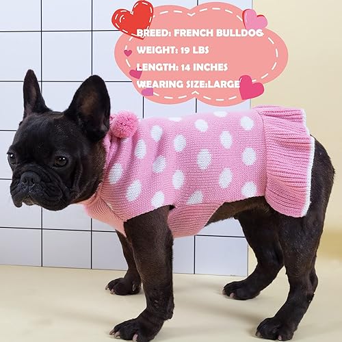 Miniatura 9 de KYEESE Suéteres para perros con agujero para correa para perros pequeños, cuello alto, color rosa, suéter de punto de lunares, suéter cálido para