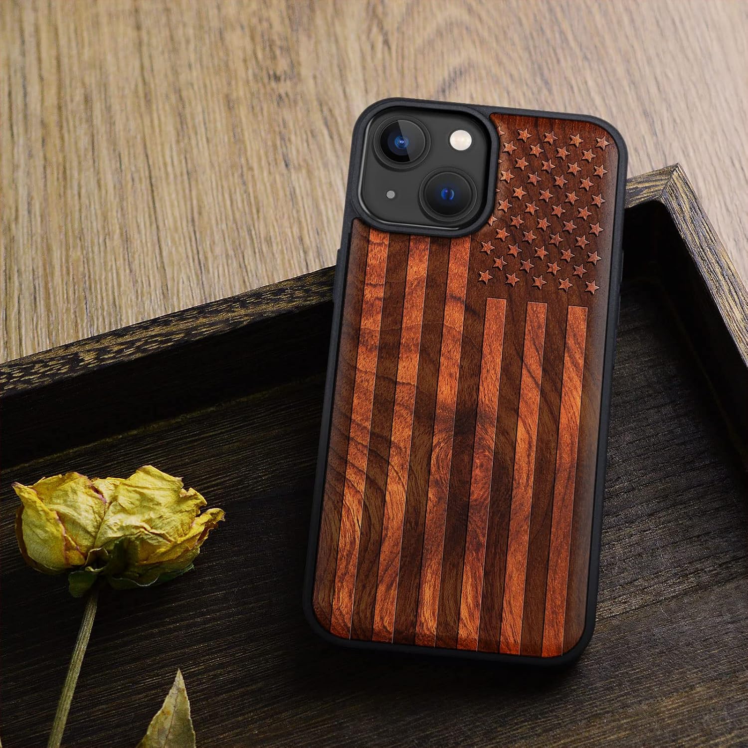 Carveit Magnetic Wood Case for iPhone 14 Case [Natural Wood & Black Soft TPU] Unique & Classy Wooden Shockproof Protective Cover Compatible with magsafe (American Flag -Rosy)