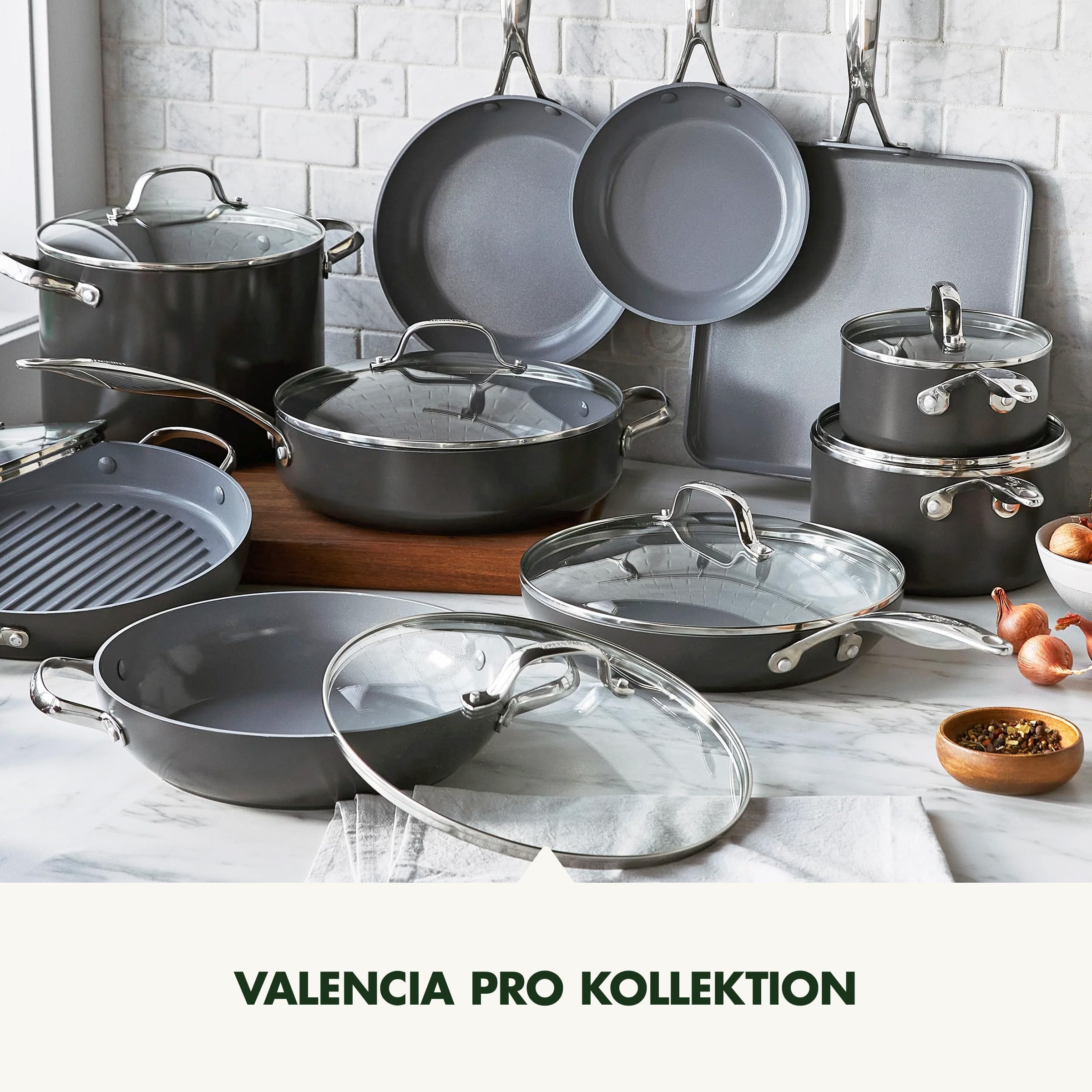 GreenPan Valencia Pro Set Poêles avec Couvercles, Anodisées Dures, Compatible Induction, Céramique Antiadhésive Saine, 20,3 cm et 25,4 cm, Gris