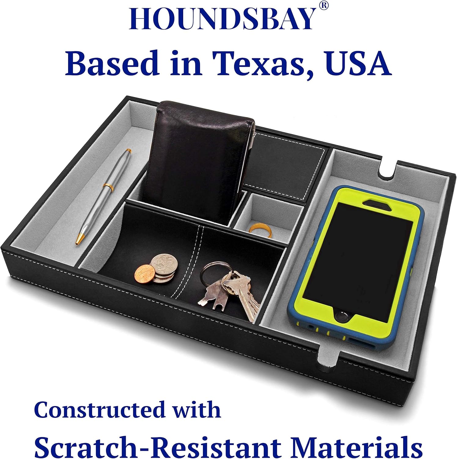 HOUNDSBAY Leather Valet Tray for Men, 6 Compartment Nightstand Organizer, Catchall Dump Station, Key Holder, Perfect with Nightstand with Charging Station