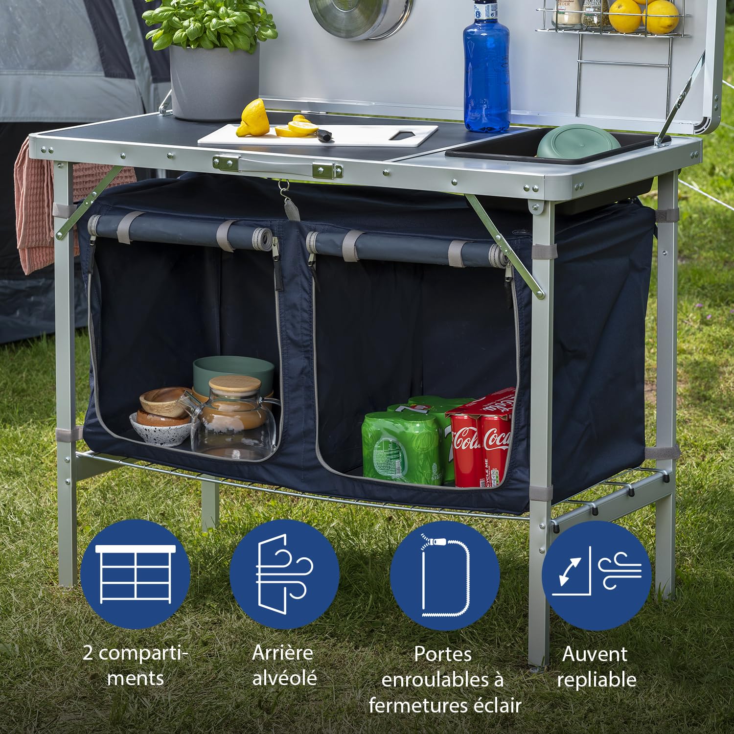 Campart Cuisine de camping pliable Salamanca - 2 compartiments - Bac à vaisselle & auvent - Sac de transport inclus - Armature en aluminium