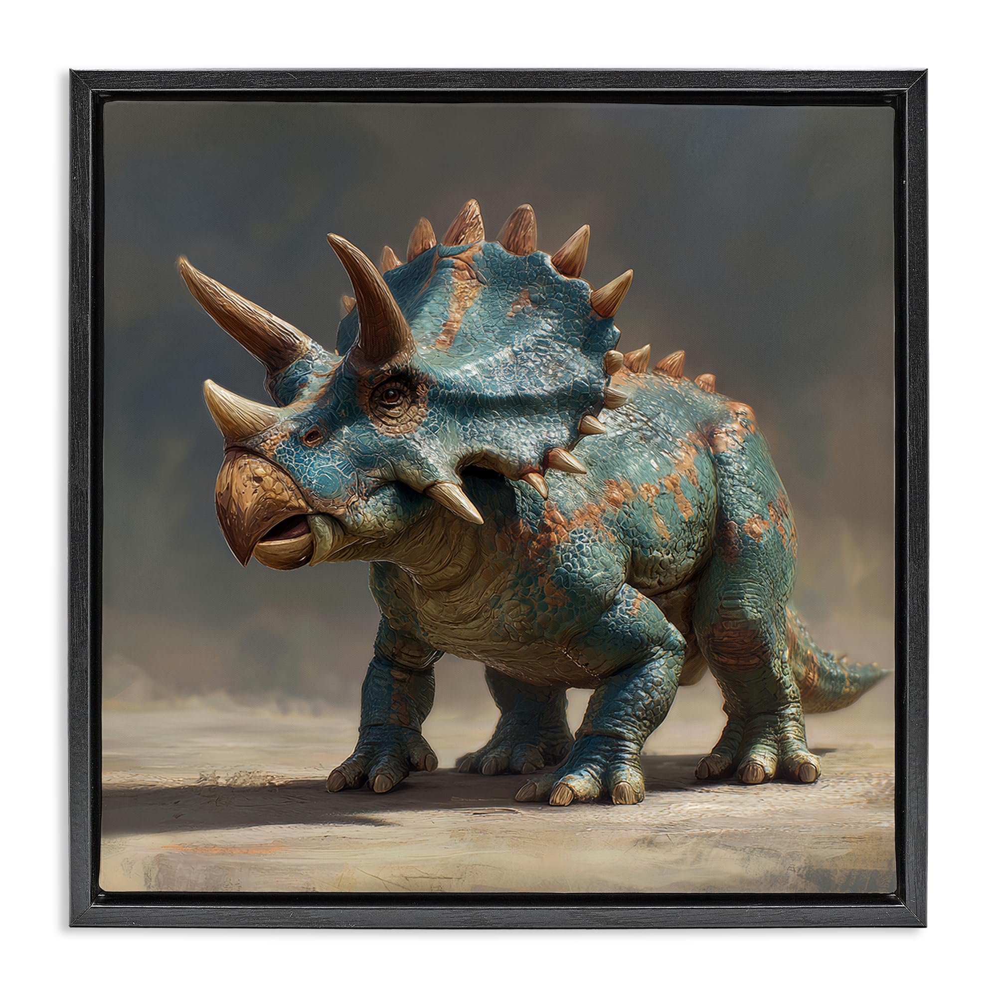 Stupell Industries Majestic Triceratops Sunrise Scene_v1 'Horned Triceratops At Sunrise', Floating Frame Canvas Art, Black, 25 X 25 Inches, Easy To Hang And Sturdy, Made In Usa, By Wumples