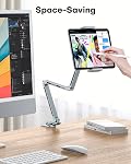 OMOTON GH03 Adjustable Tablet Stand for iPad, Aluminum Phone Holder for Bed with 2 Clips, Overhead Phone Stand for Desk with 360° Rotation Fits for iPad Pro/mini, Kindle, Phone 4-12.9", Gray