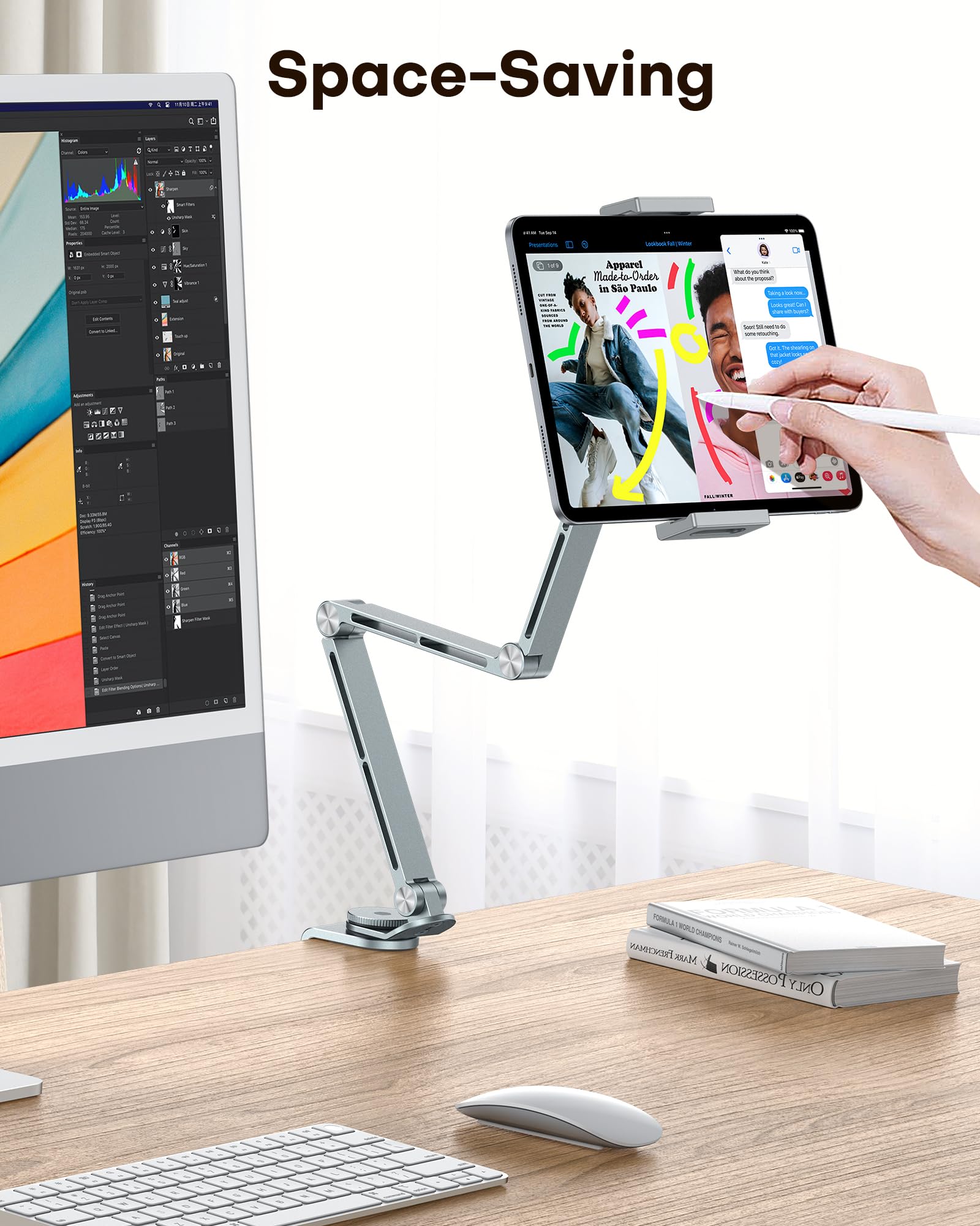 OMOTON Soporte para Tableta de Aluminio para Escritorio, Giratorio 360°, GH03 Soporte Ajustable con 2 Abrazaderas de Plástico (Teléfono y Tablet), para iPad/iPhone de 4 a 12", Gris