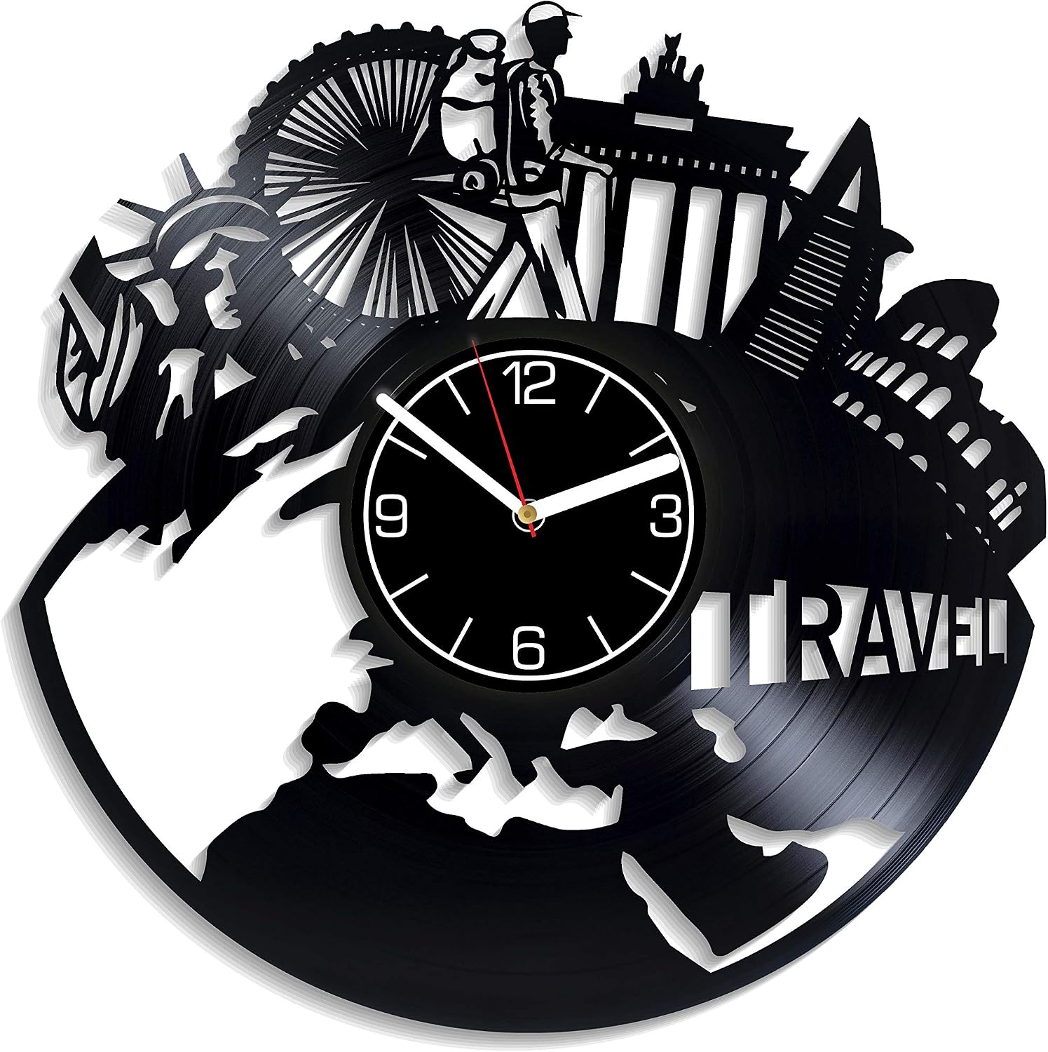 Travel Vinyl Record Wall Clock Adventures Decoration 12 inch Wall Clock Travel Art Birthday Gift for Man Hobby Wall Art Adventures Wall Clock Modern Travel Vinyl Clock Xmas Gift for Boy