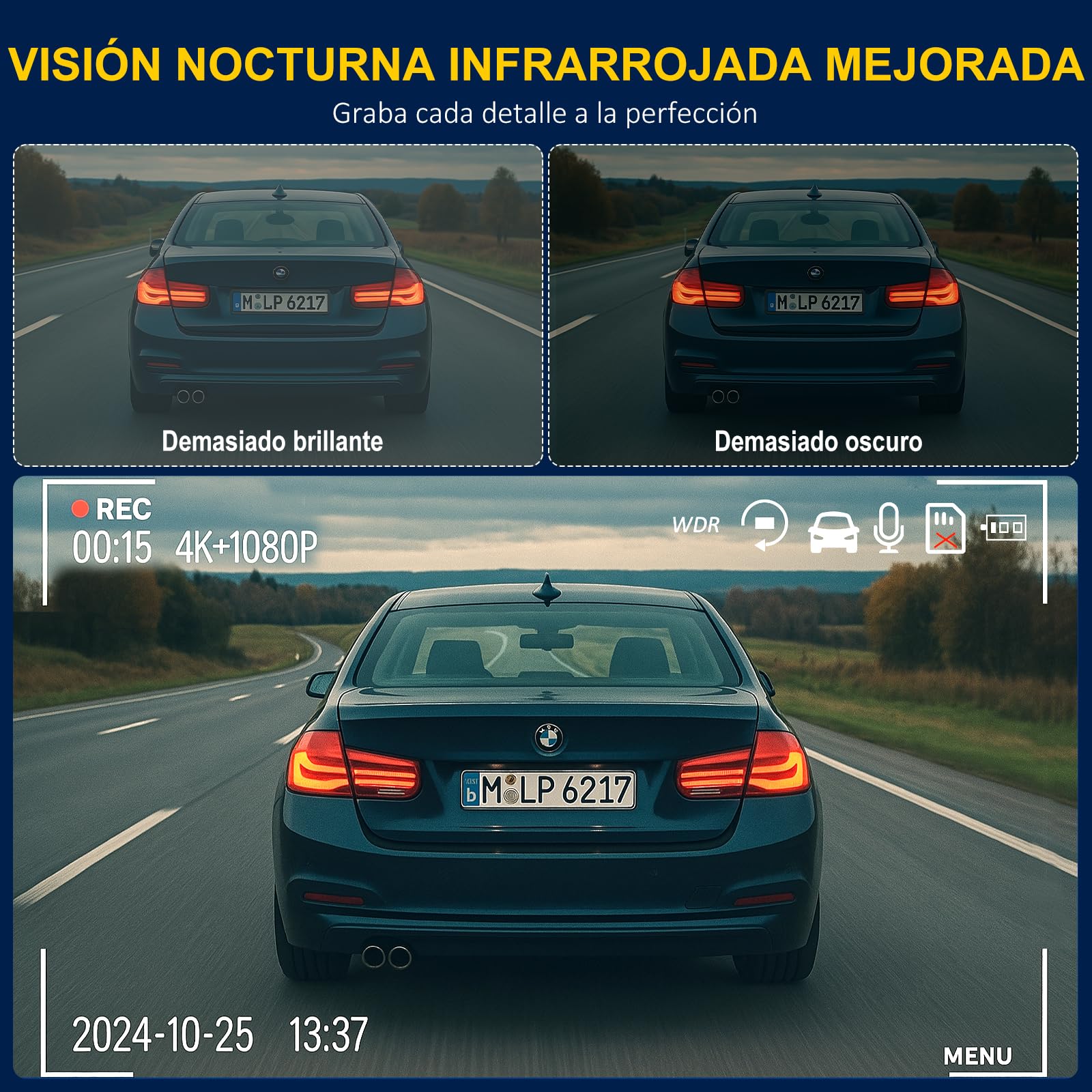 Cámara de salpicadero delantera y trasera interior, cámara de salpicadero de 3 canales para coche, cámara WiFi 5G con tarjeta SD de 64 GB, cámara de salpicadero de triple lente 4K + 1080P + 1080P
