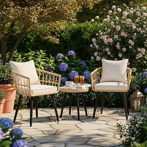 Miniatura 3 de Juego de 3 piezas para patio al aire libre estilo bistró, juego de mesa y sillas de mimbre de 2 piezas, juego de muebles de balcón de ratán para