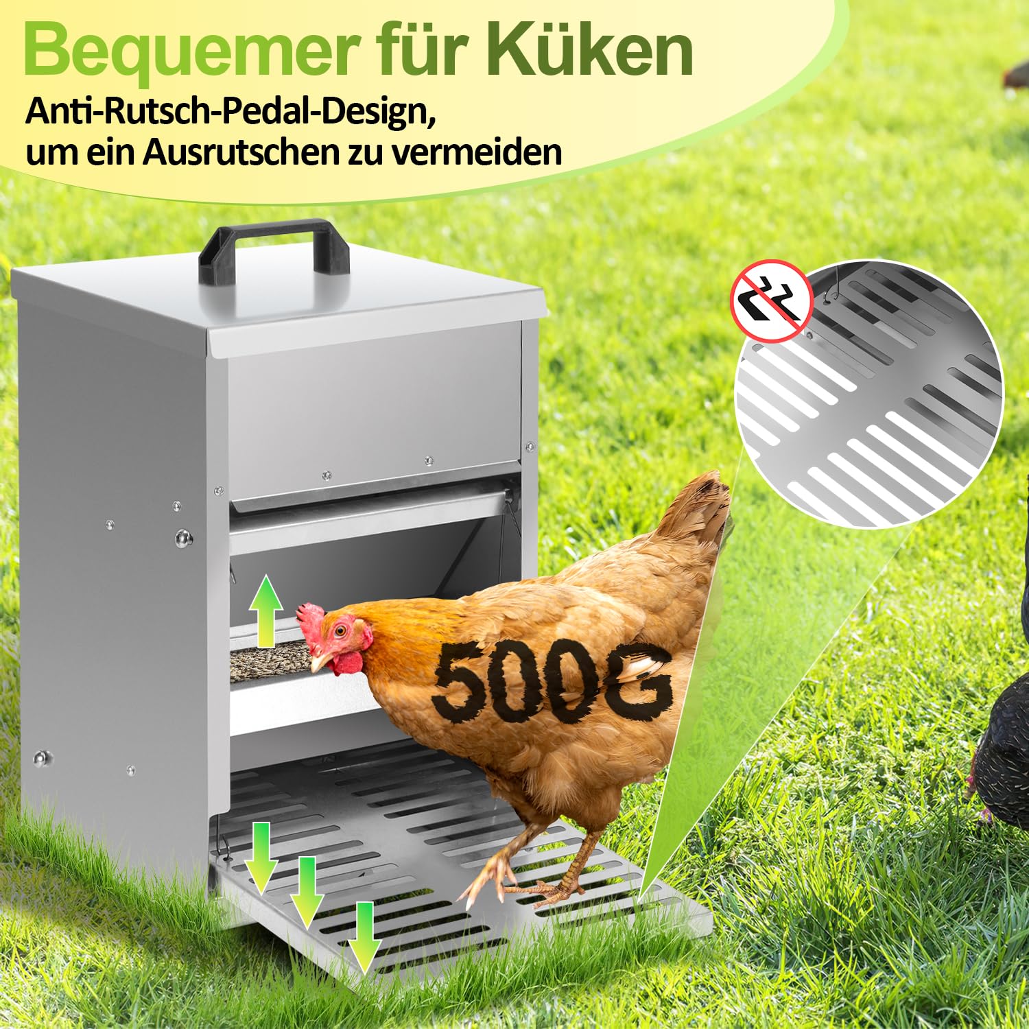 Comedero automático para gallinas, 5 kg, con pedal automático, alimento para pollos para aves de corral, accesorio ideal para pollos, resistente al agua y a prueba de ratas, galvanizado