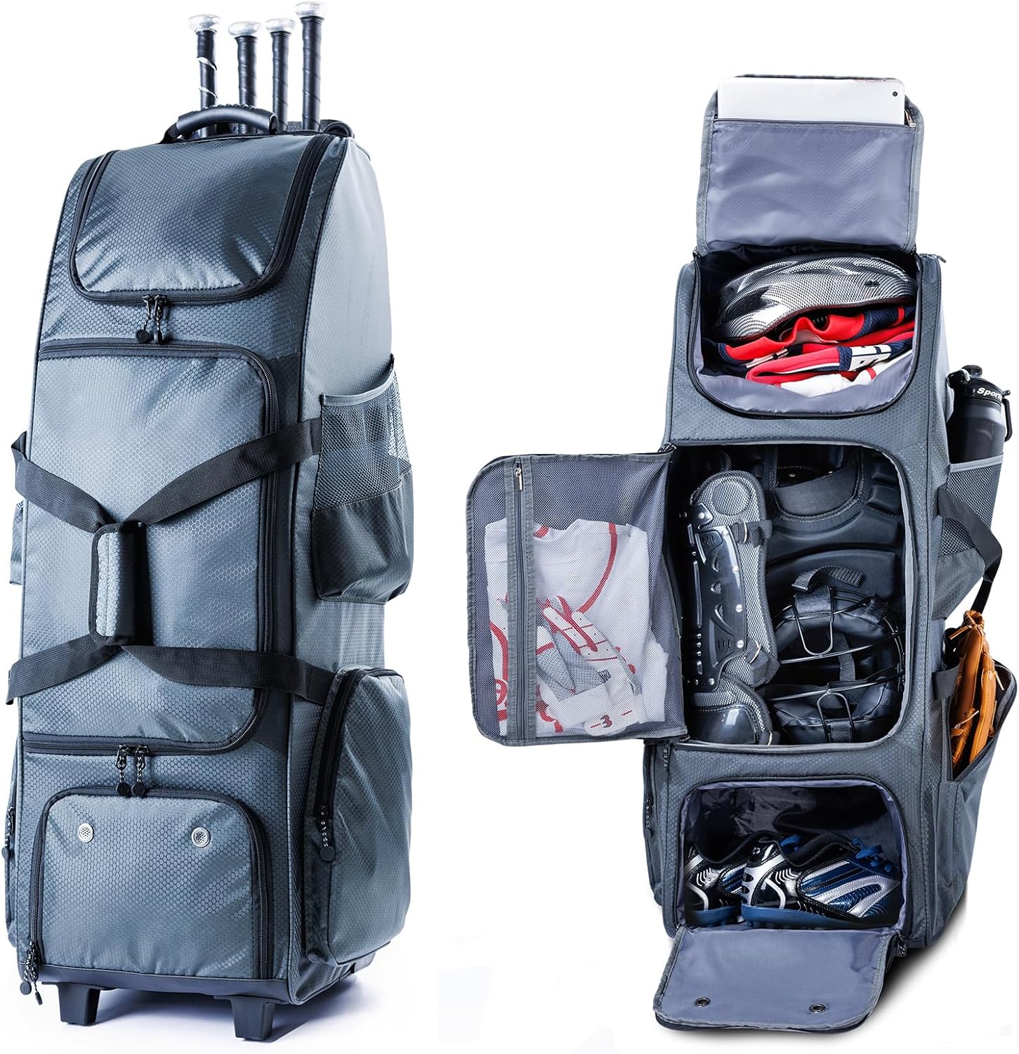 Upgraded Rolling Baseball Bag with Sturdy Hard Backing - Large Softball Bag with Wheels for 4 Bats, Large Team Equipment Duffle Bat Bag, Catcher Gear Bag for Boys 8-12, Youth, Adults