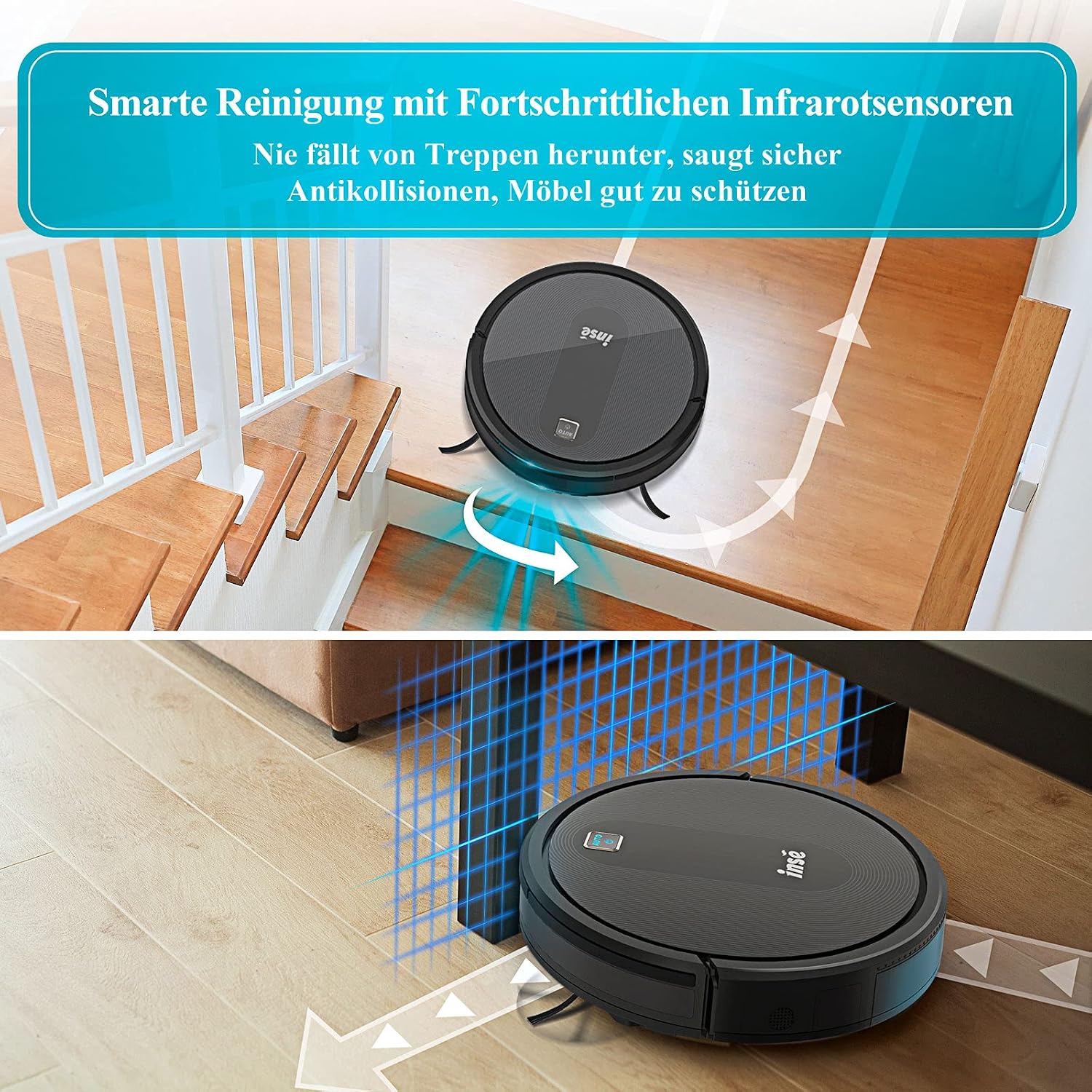 INSE E6 Robot Vacuum avoiding stairs and navigating under furniture