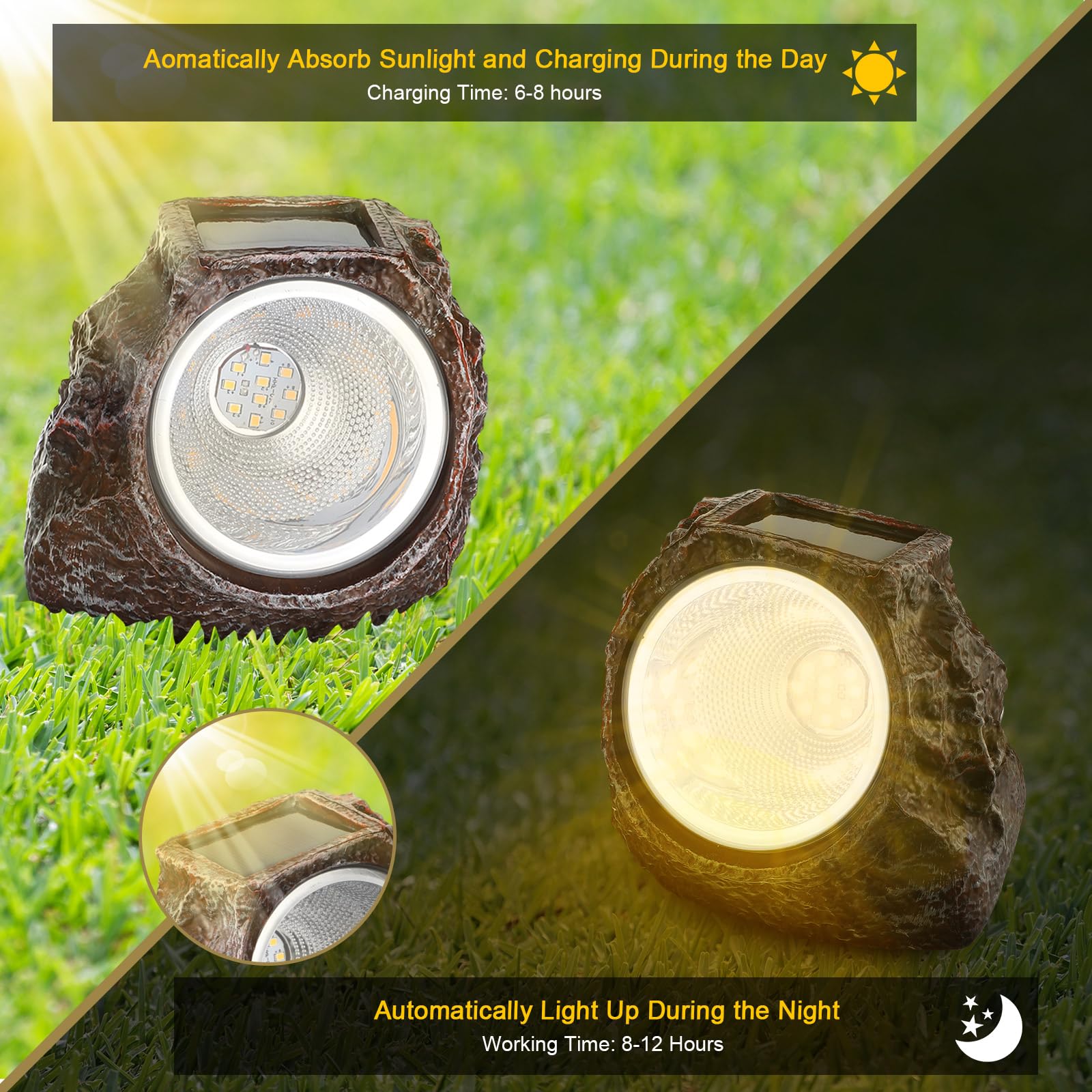 VIHOSE 6 luci a energia solare a 10 LED, impermeabili, da giardino, in pietra, per paesaggistica esterna, decorative per esterni, per cortile, strade, cortile, patio paesaggio