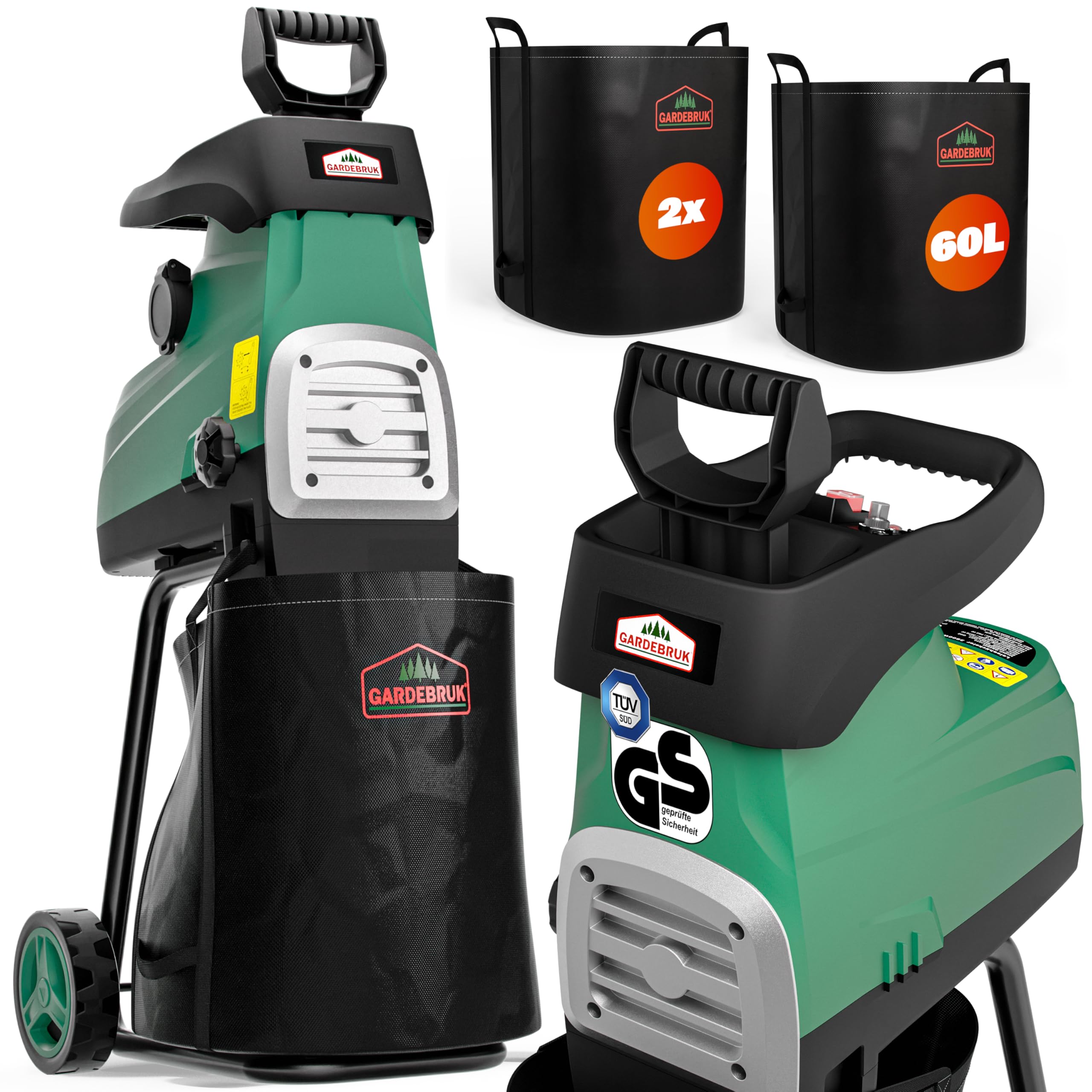 GARDEBRUK® Broyeur de végétaux électrique 3.100W Max. 44mm Sac 2X 60L broyeur à Rotor broyeur végétaux Silencieux à Rouleau Jardin déchets Verts Compost