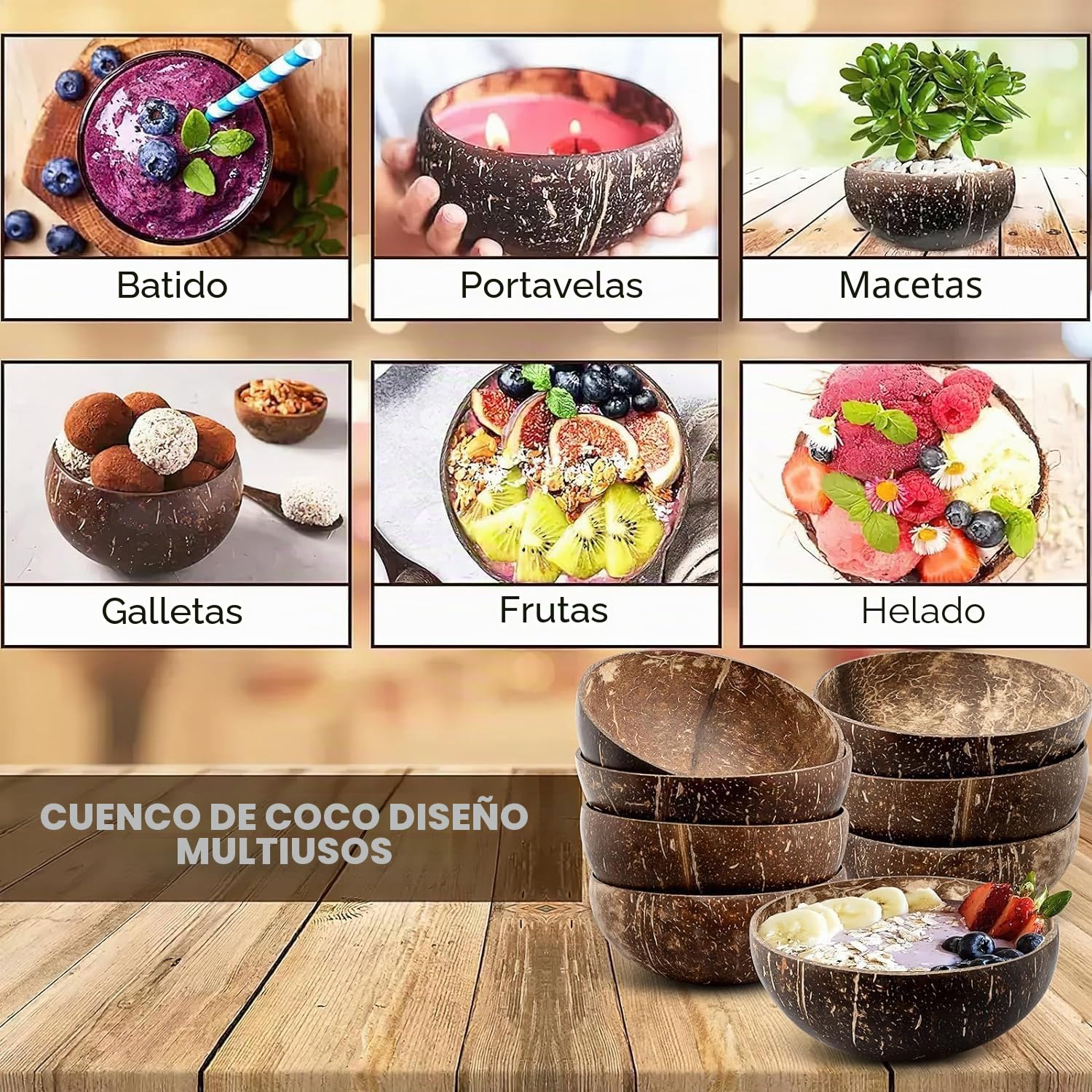 Malloom Juego de 8 cuencos de coco natural de 450 ml, de madera pulida para batidos, ensalada de acai, cuencos de Buda para regalos veganos, decoración de cocina, fiesta, tazón, 15 x 15 cm