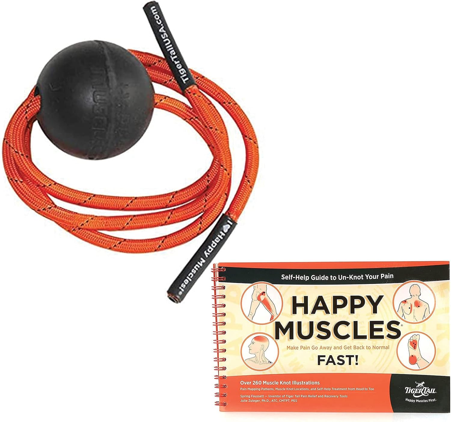 Tiger Tail Bundle: Tiger Ball 2.6 Foam Roller Ball with 55” Corded Rope + Happy Muscles Book