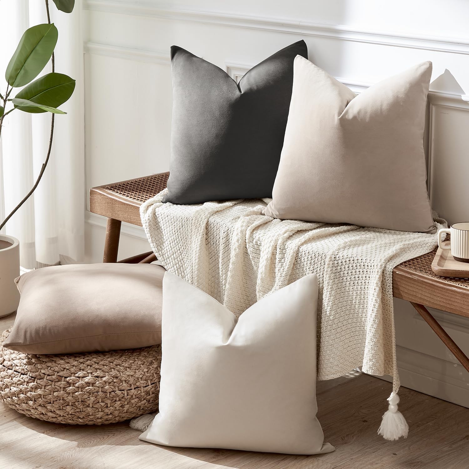 Throw Pillow Covers Set of 4 18x18 Inch Pillow Covers, Soft Velvet Neutral Beige Khaki Grey Pillowcases for Couch Sofa Bed Living Room, Home Boho Decor, Farmhouse Cushion Covers