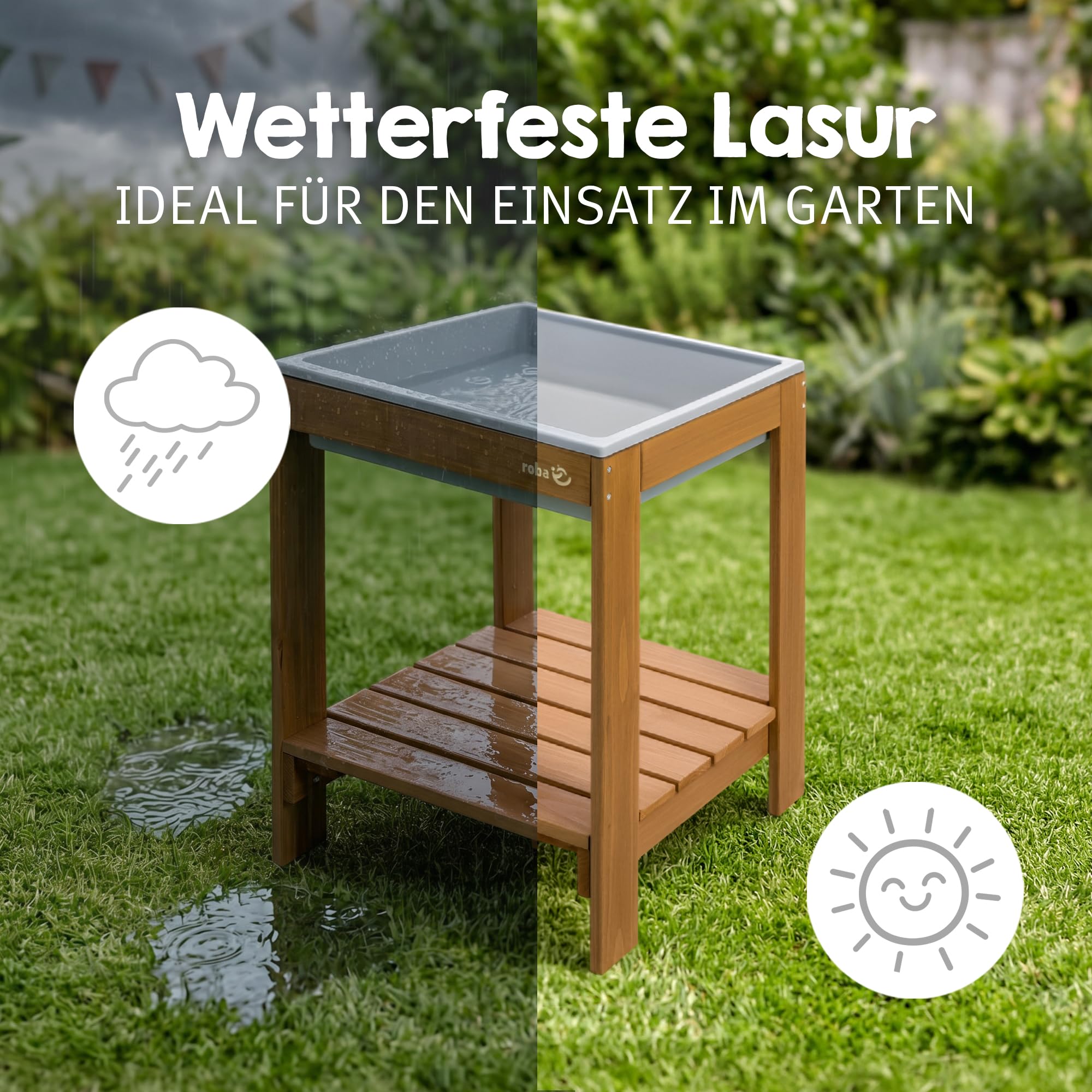 roba table de jeu d’extérieur « Tiny » avec bac de jeu – table à sable et à boue résistante aux intempéries en bois massif – mobilier de jardin pour enfants – à partir de 18 mois – couleur teck