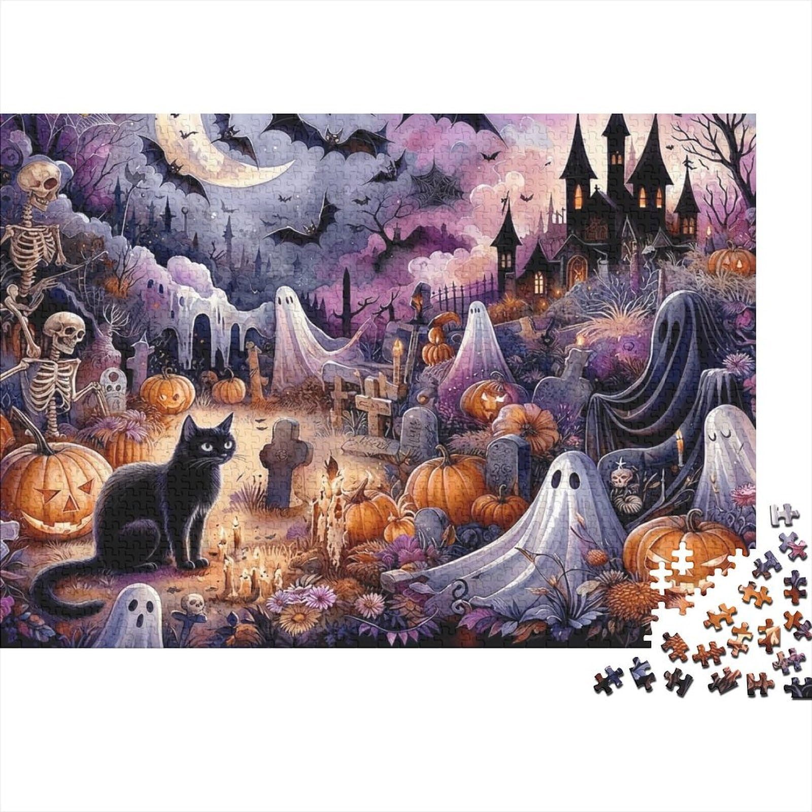 Halloween Haunted Night 1000 Piece Jigsaw Puzzle Paper Puzzle Game for Adults Spooky Ghost Castle Relaxing Decor 38x26cm/1000pcs