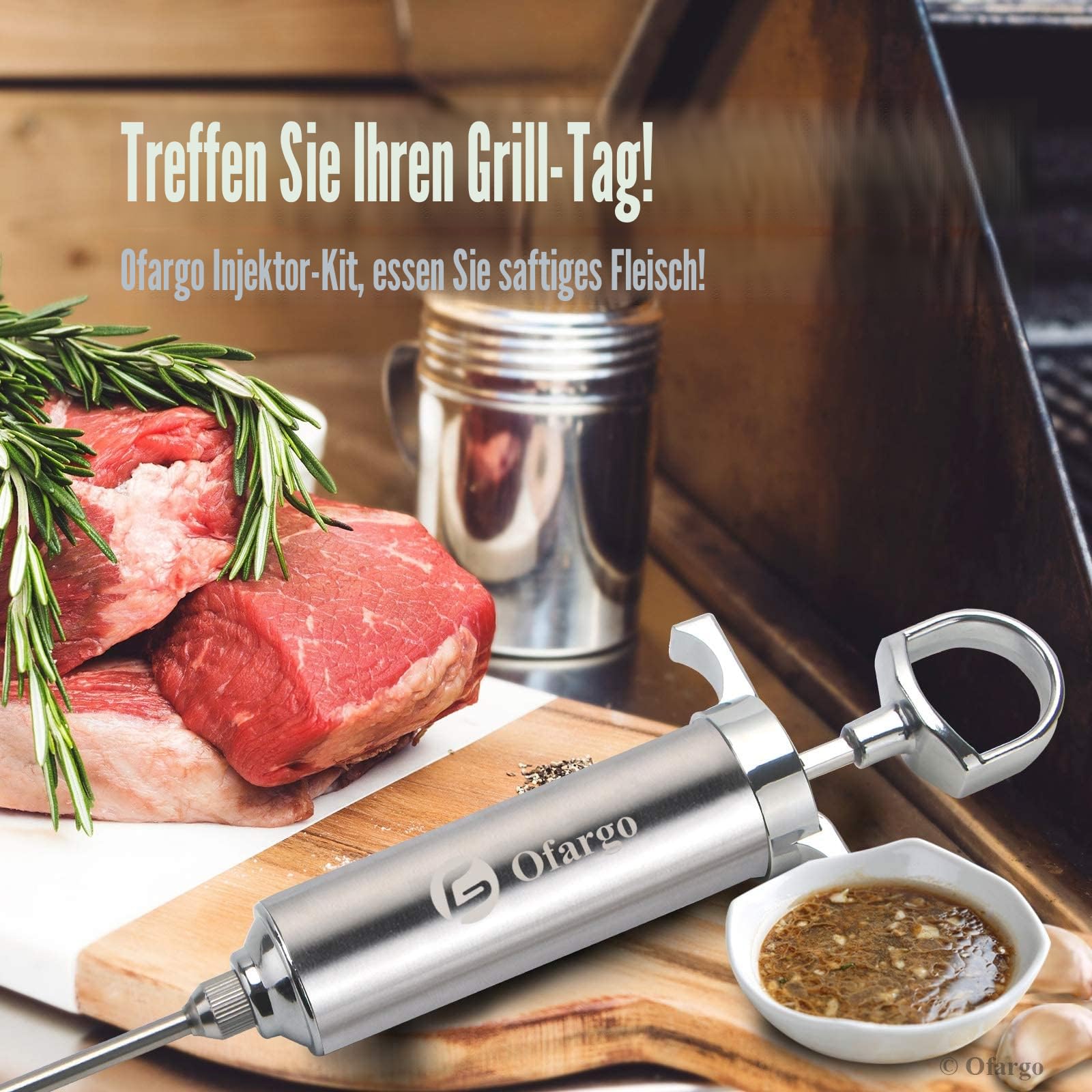 Ofargo 304 Edelstahl Fleischspritze Kit mit 4 Marinadennadeln für BBQ Grill Smoker, 56,7 g große Kapazität, sowohl Papier Bedienungsanleitung als auch E-Book Rezept