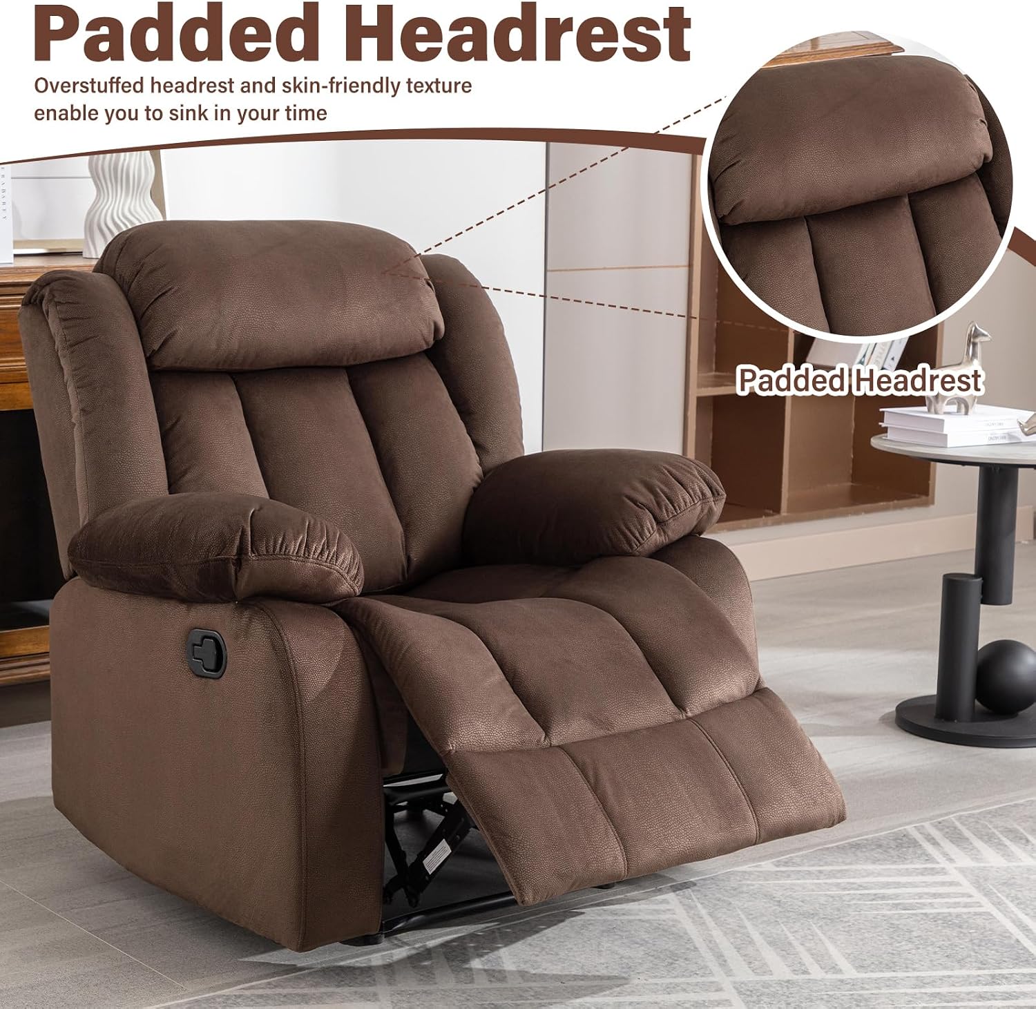 EBELLO Classic Manual Recliner Chair with Soft Padded Headrest and Seat, Overstuffed Single Fabric Reclining Sofa Chair for Living Room, Bedroom, Brown